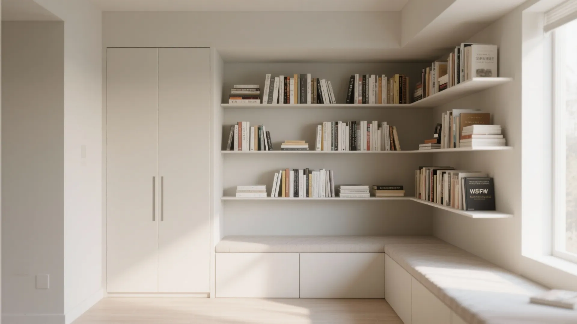 Minimalist white built in cabinet and corner wall shelves with books above a window seat