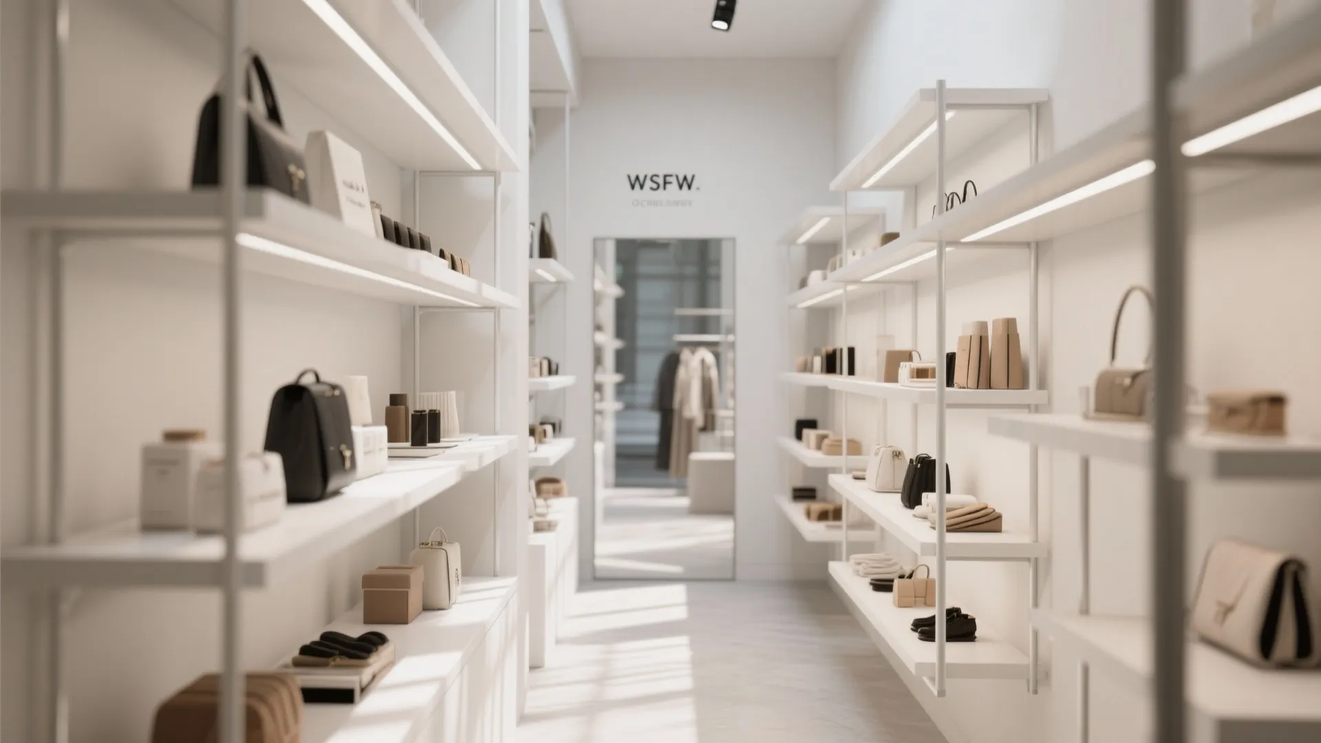 White retail store shelves displaying bags and accessories with a tall mirror in the back