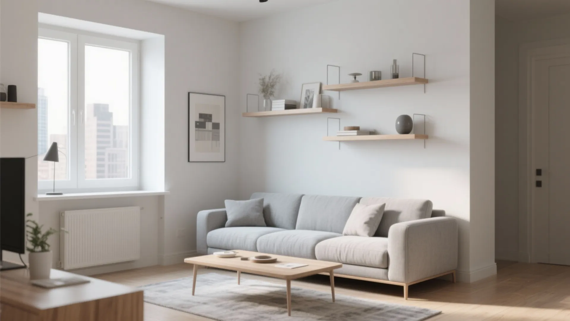 Minimalist Shelving Around a Grey Sofa