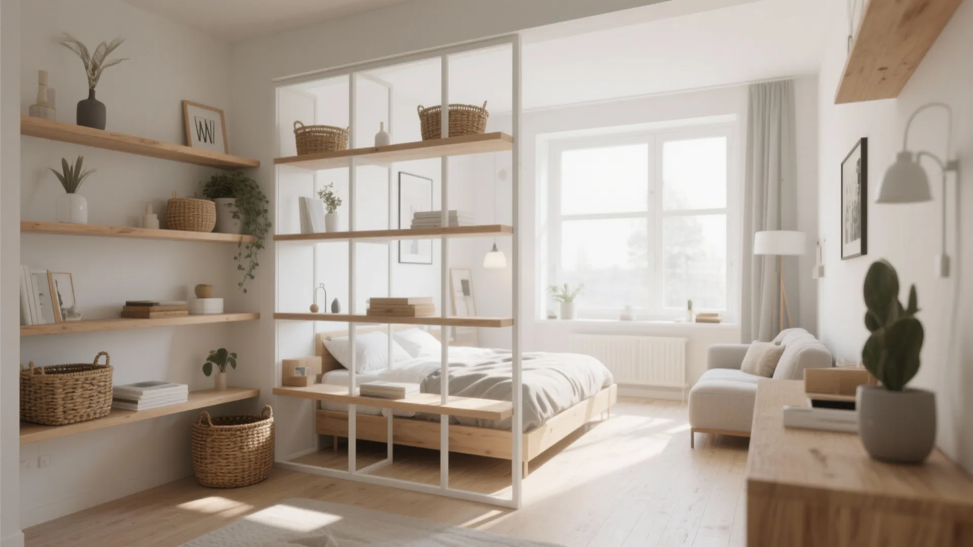 White open shelf unit acting as a room divider between a bed and small sofa