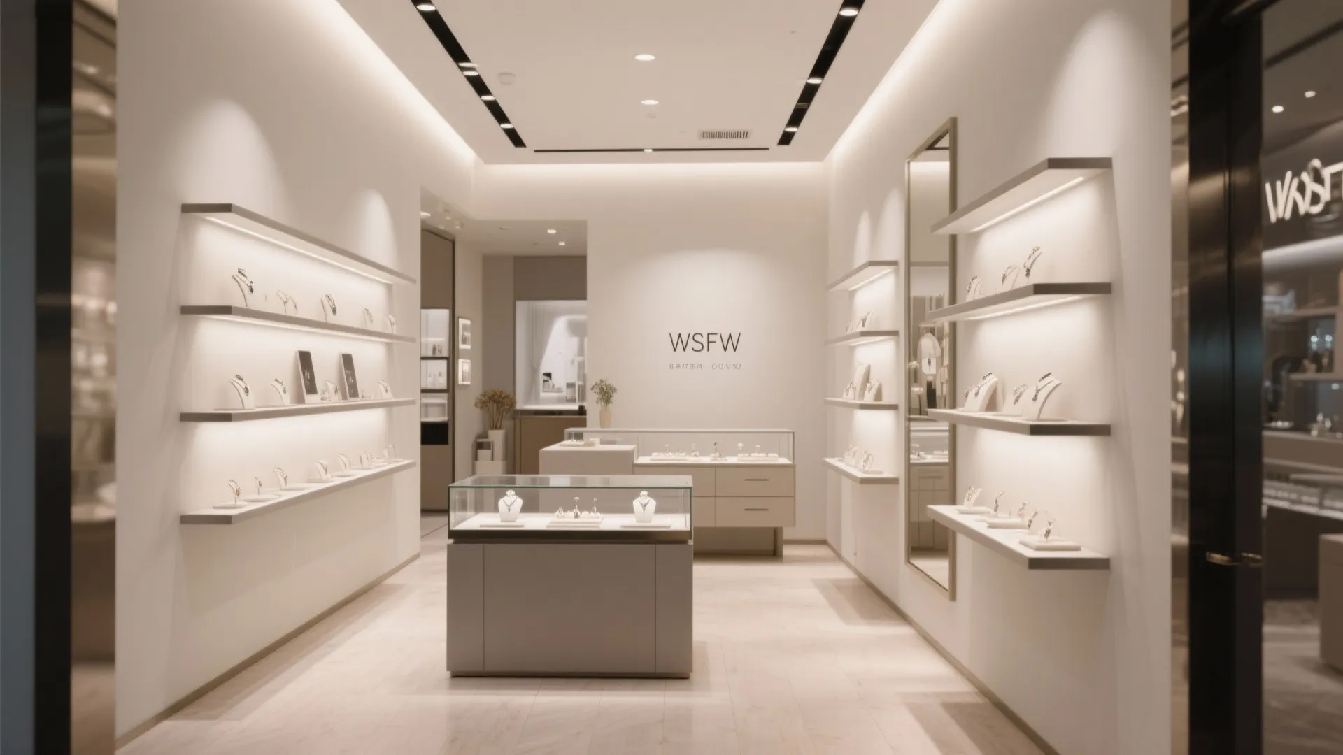Modern jewelry store interior with minimalist white shelves glass display cases and soft warm lighting