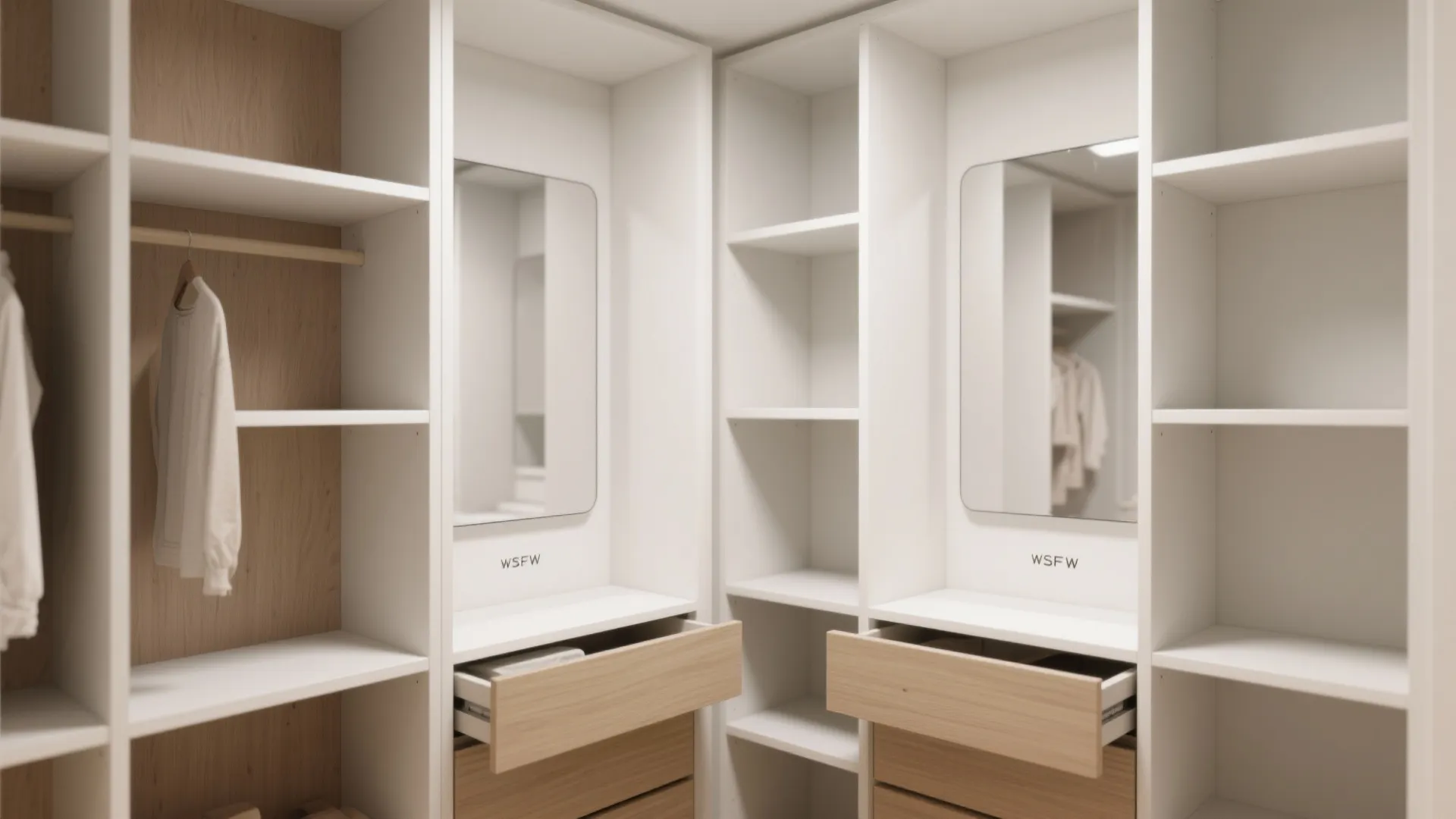 Modern white walk-in closet with wooden drawers mirrors hanging clothes and many open storage shelves
