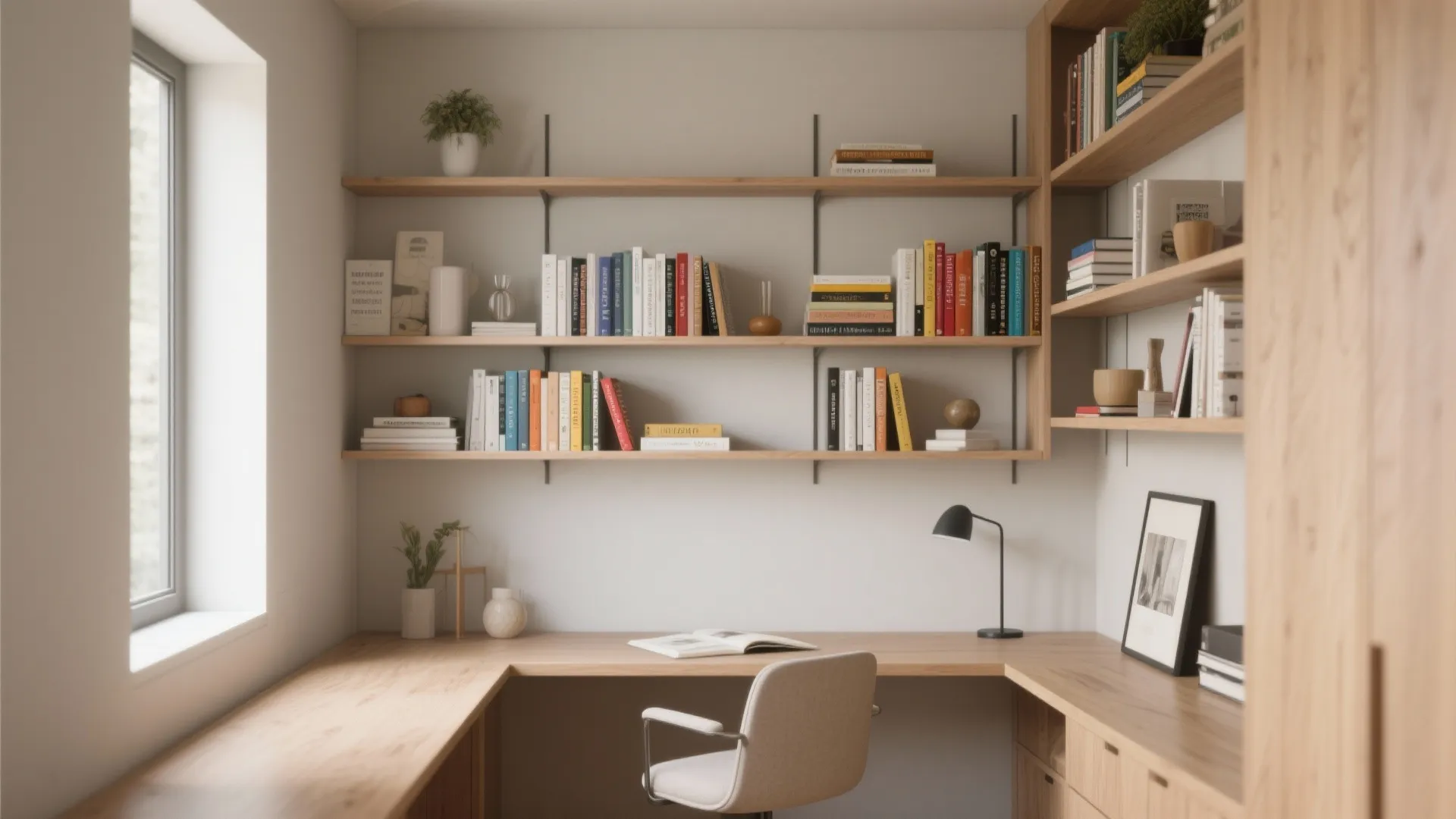 Modern home office featuring wooden corner desk with white chair and many wall mounted bookshelves