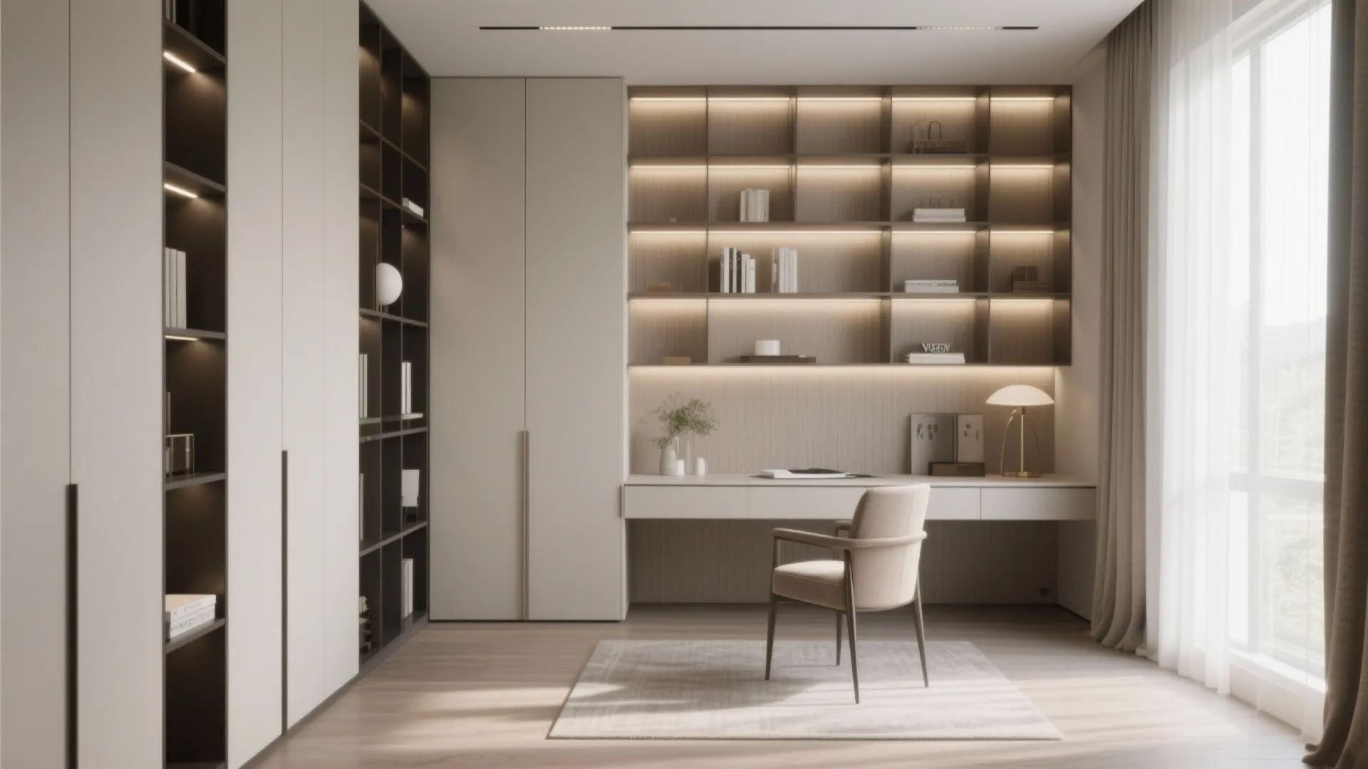 Modern home office featuring beige cabinets tall bookshelves with warm lights wooden desk and chair