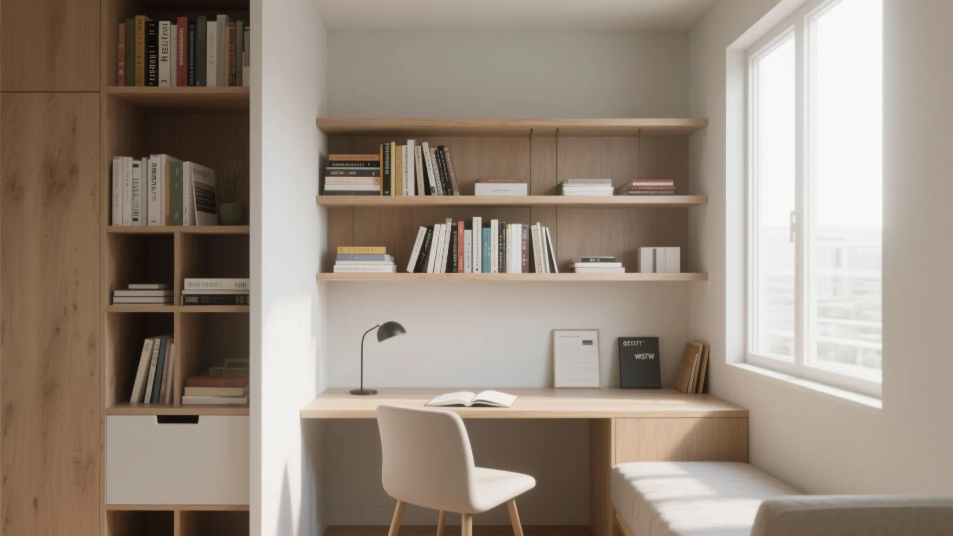 Minimalist shelving for clutter-free concentration