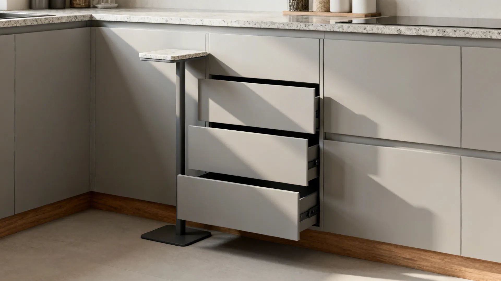 Minimalist slim side stand with push-to-open drawers and matte fronts in a small kitchen.
