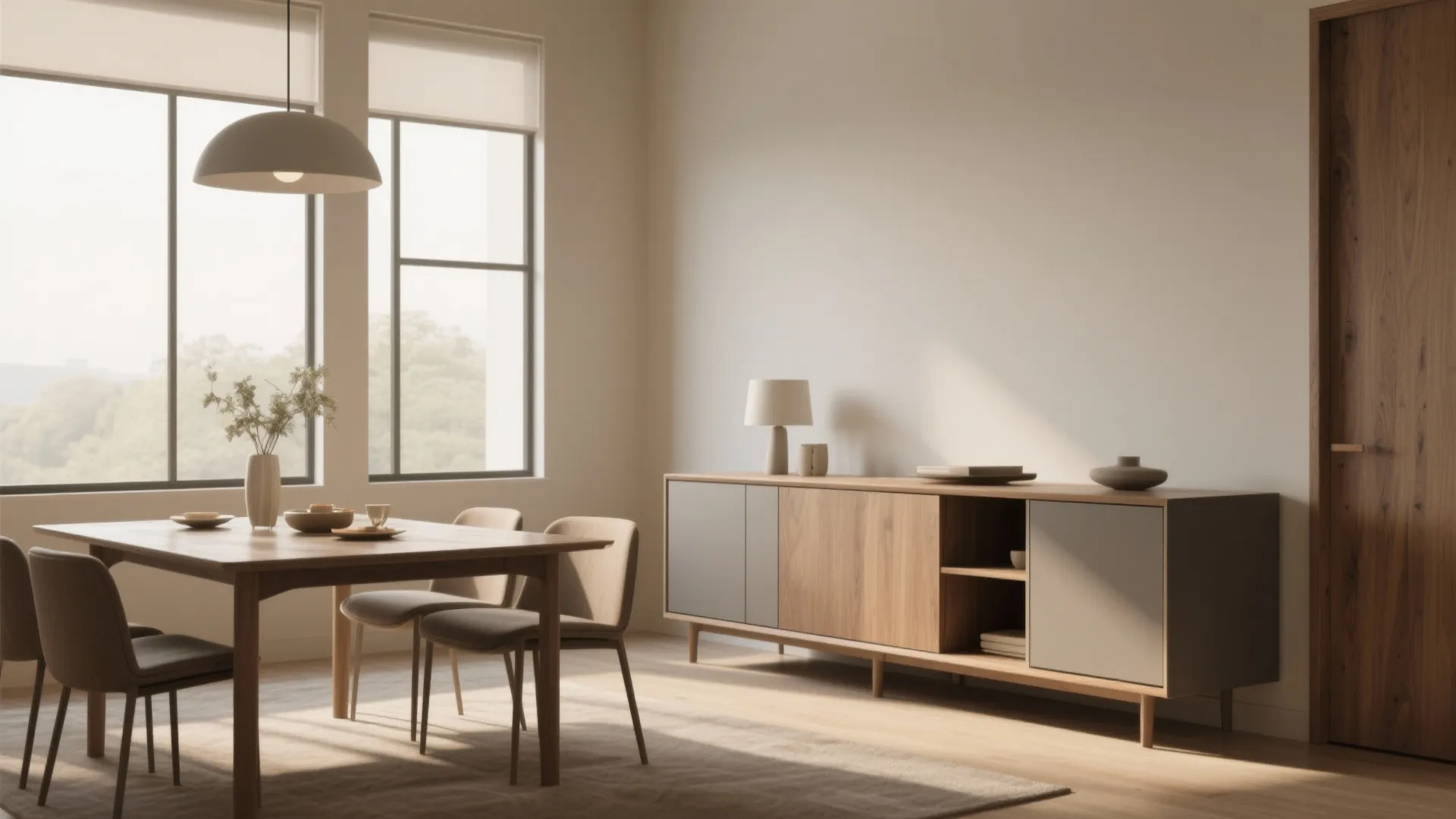 Minimalist sideboard in a bright modern dining room