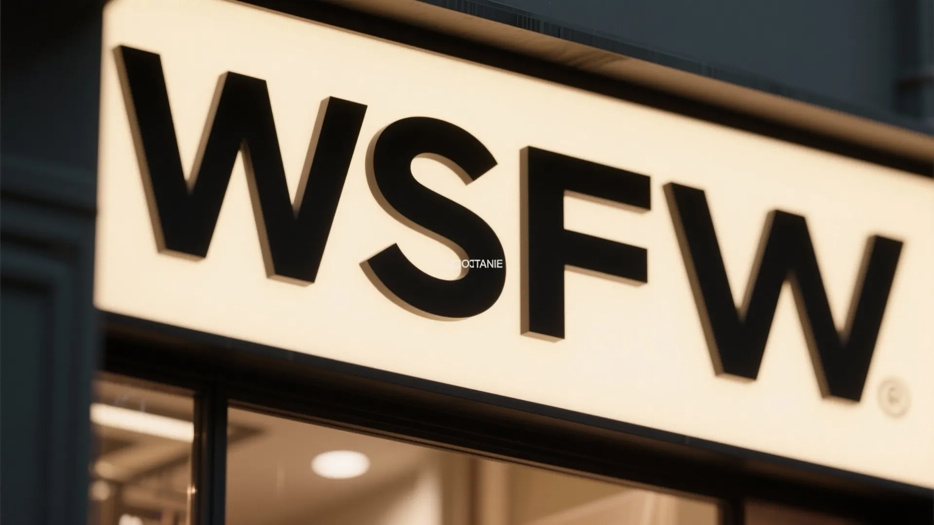 Close up view of a modern minimalist store sign with black letters and warm lighting