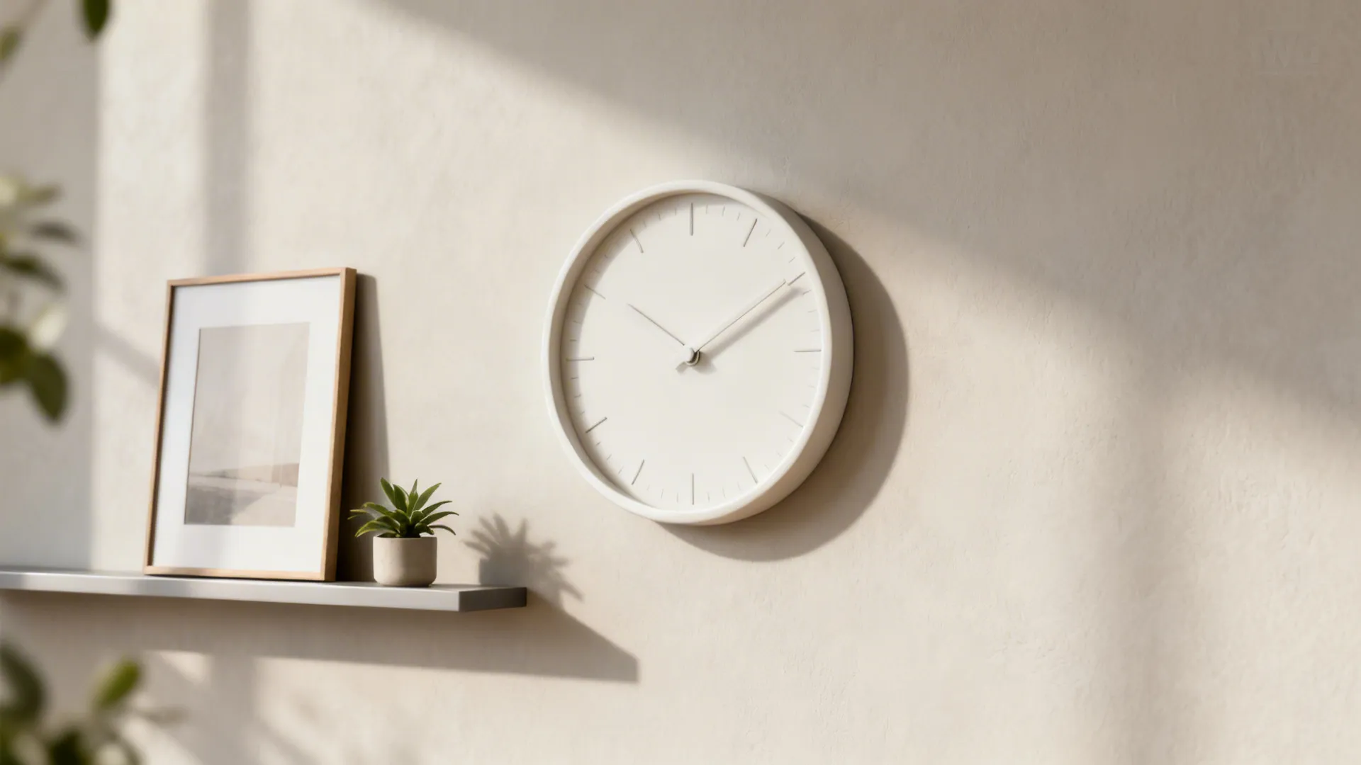 Minimalist silent wall clock above a slim shelf and framed print in a Scandinavian living room.
