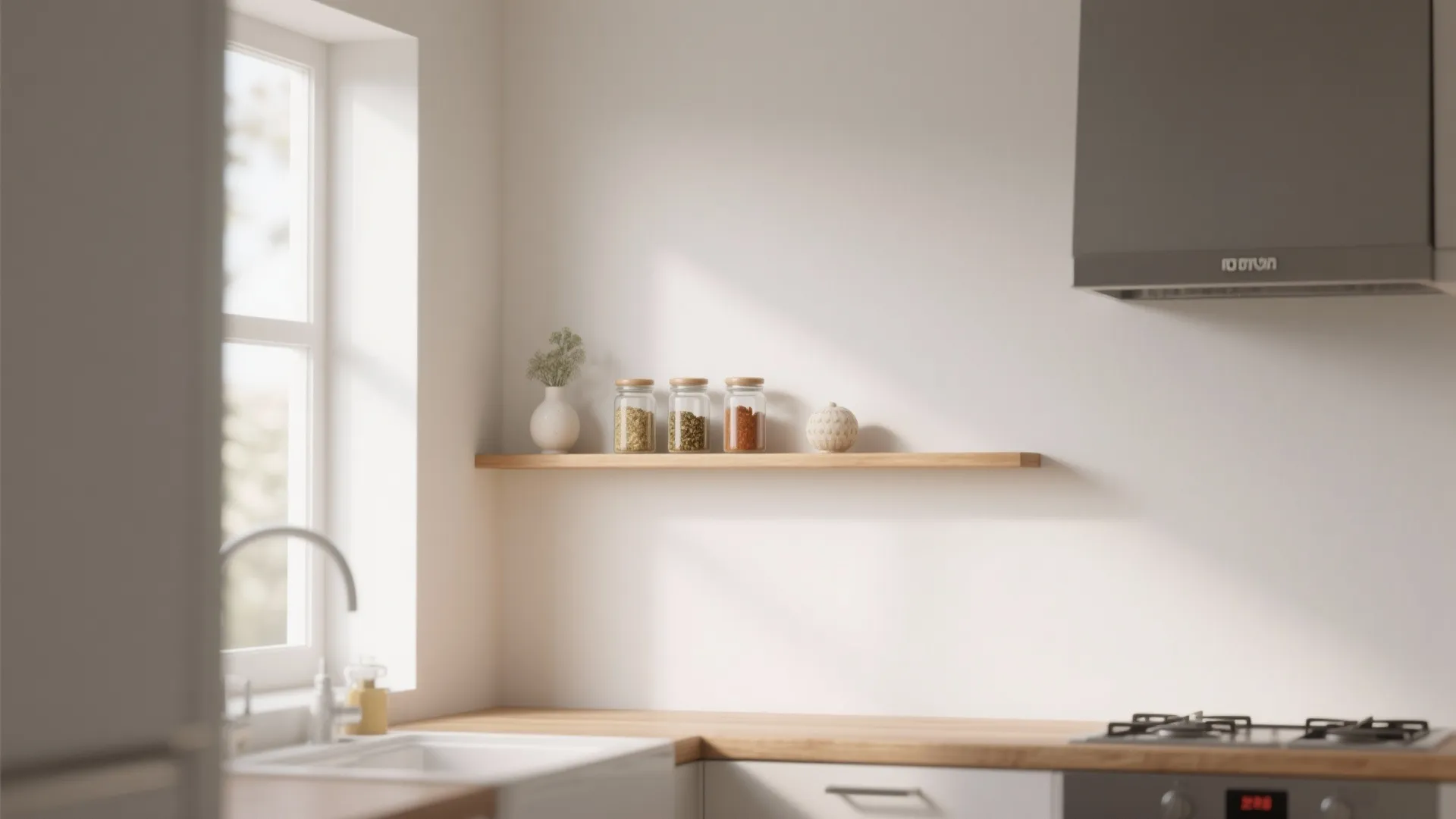 Simple wooden wall shelf holding glass spice jars in a bright kitchen with white walls
