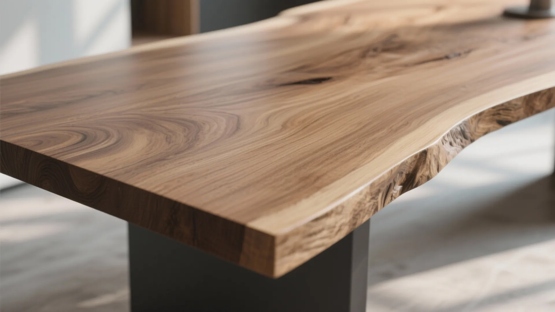 Close up view of a natural wood table surface with smooth grain and wavy edges