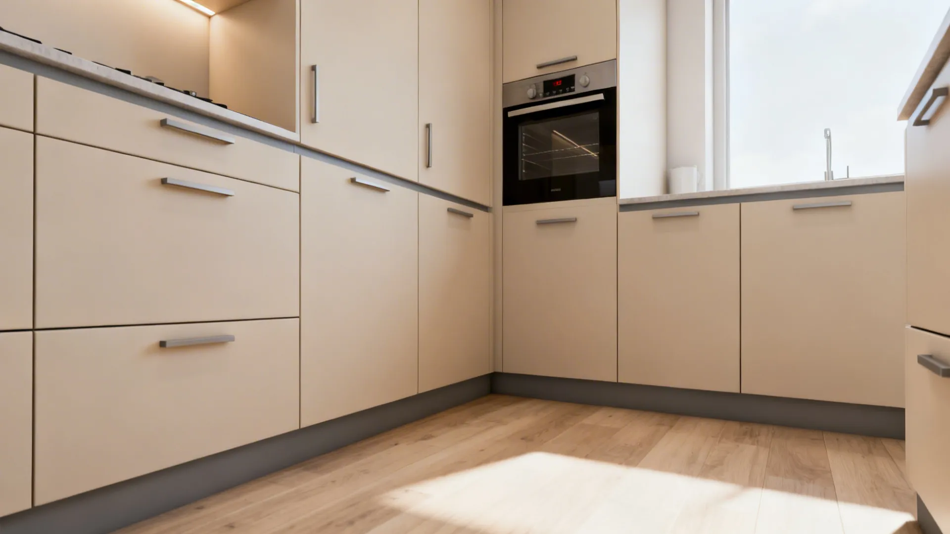 Small kitchen with matte slab cabinet doors and integrated pulls in warm neutrals.