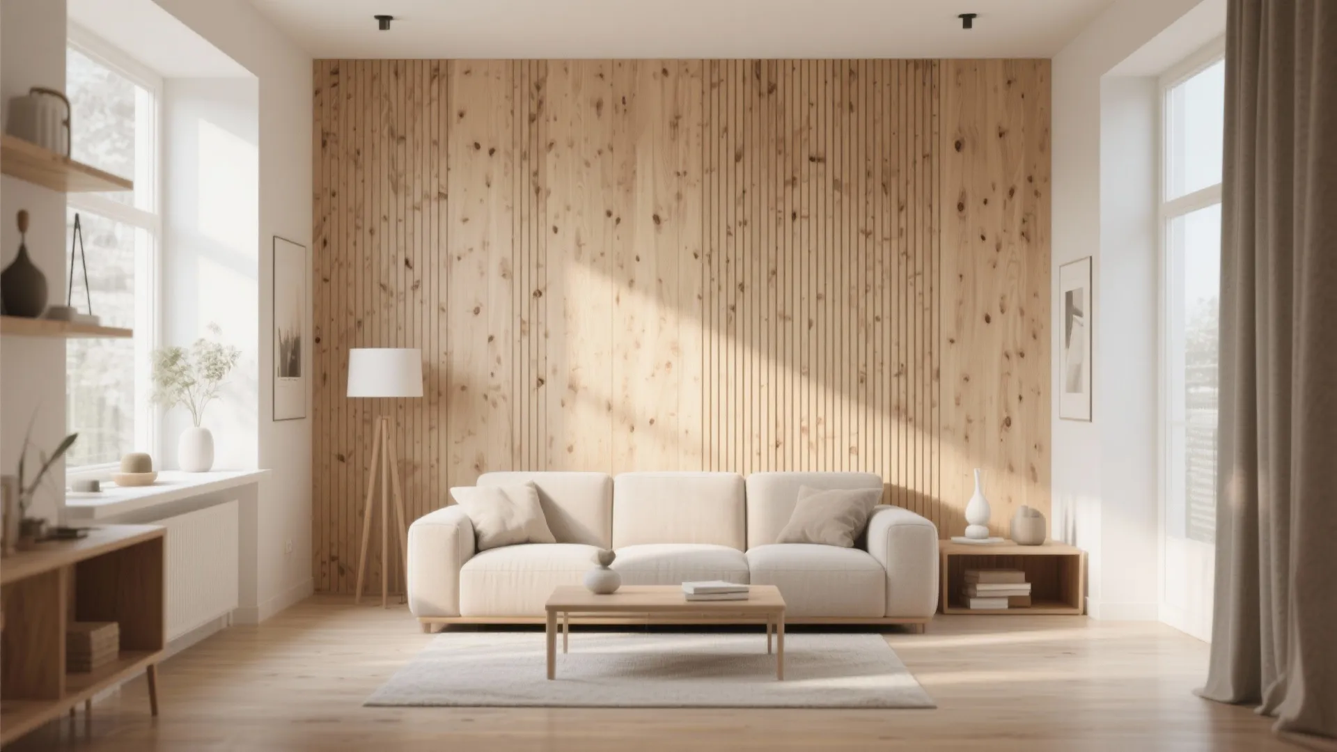 Minimalist living room with light wood wall panel cream sofa coffee table rug and sunlight