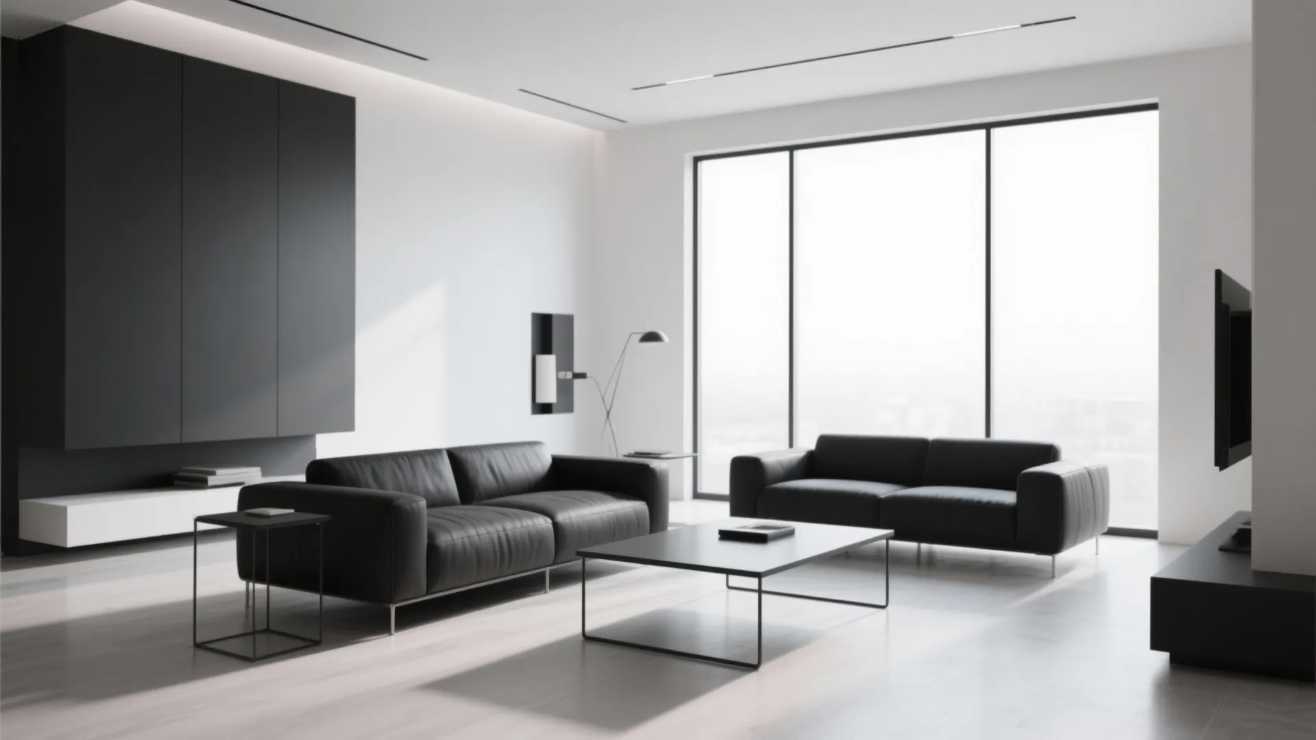 Minimalist living room with sleek monochrome furniture