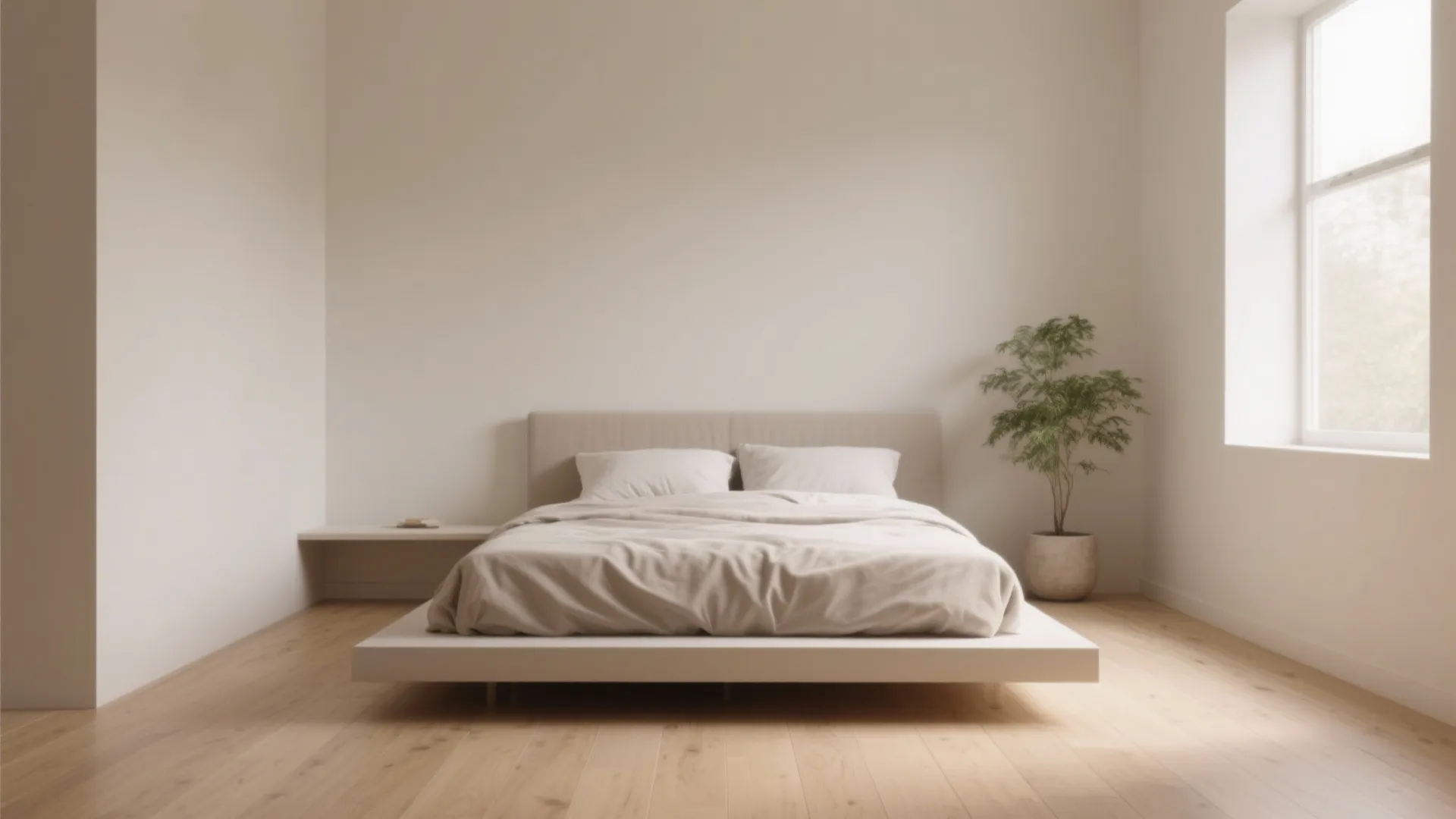 Minimalist 10x10 bedroom with low platform bed, floating shelf nightstand and neutral linens under soft daylight.