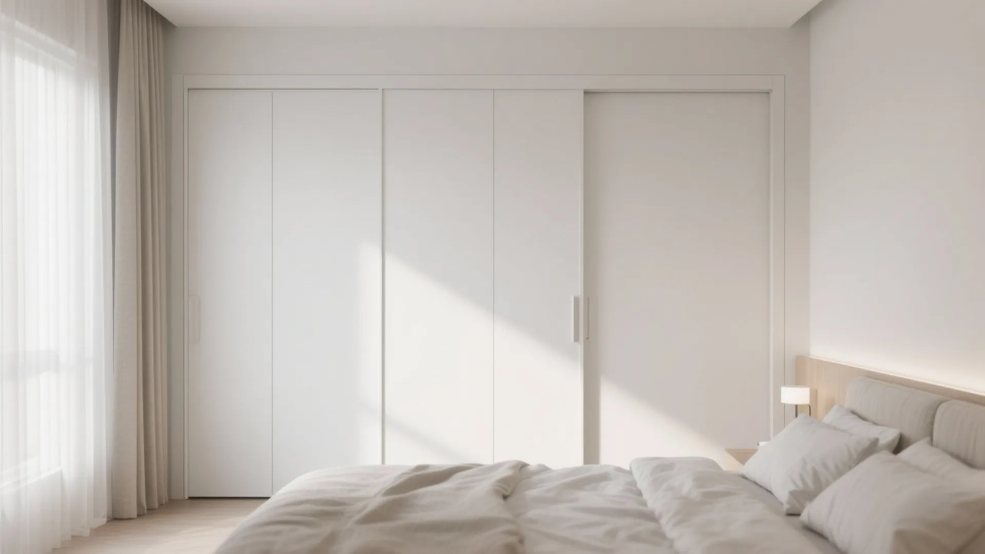 Minimalist white sliding door cabinet in bright bedroom with soft white bedding and natural sunlight