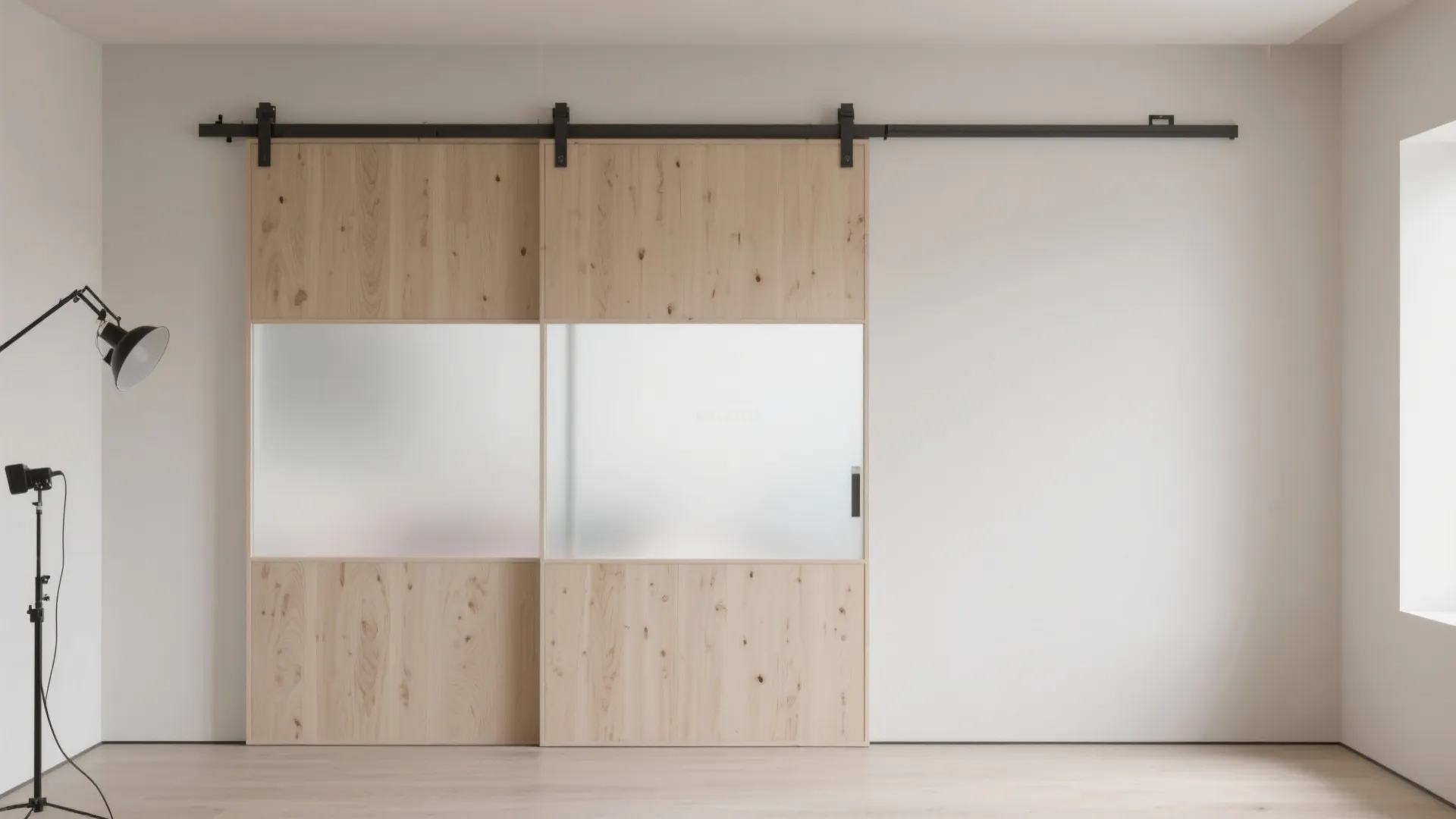 Large wooden sliding door with frosted glass panels on black track in a minimalist room