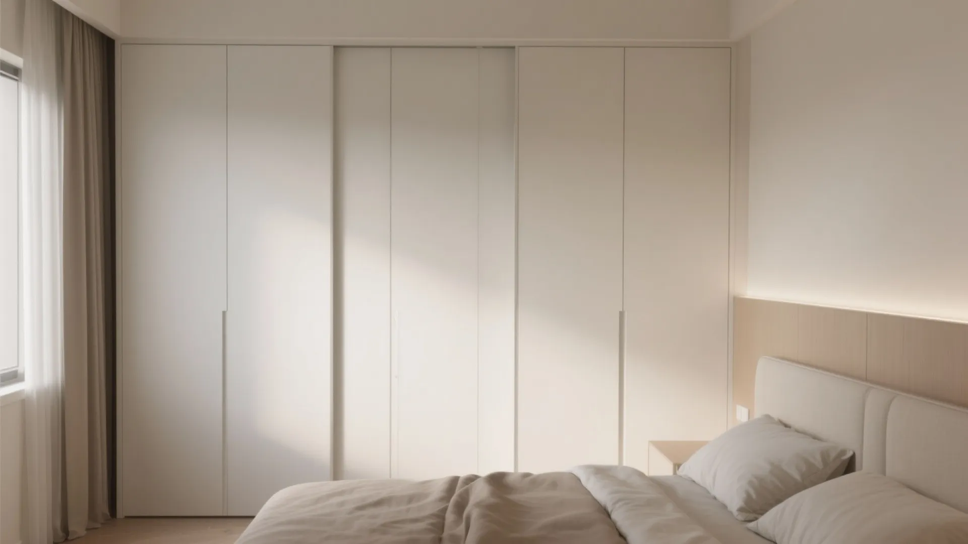 Minimalist bedroom with large white sliding door cabinet next to bed and soft grey curtains