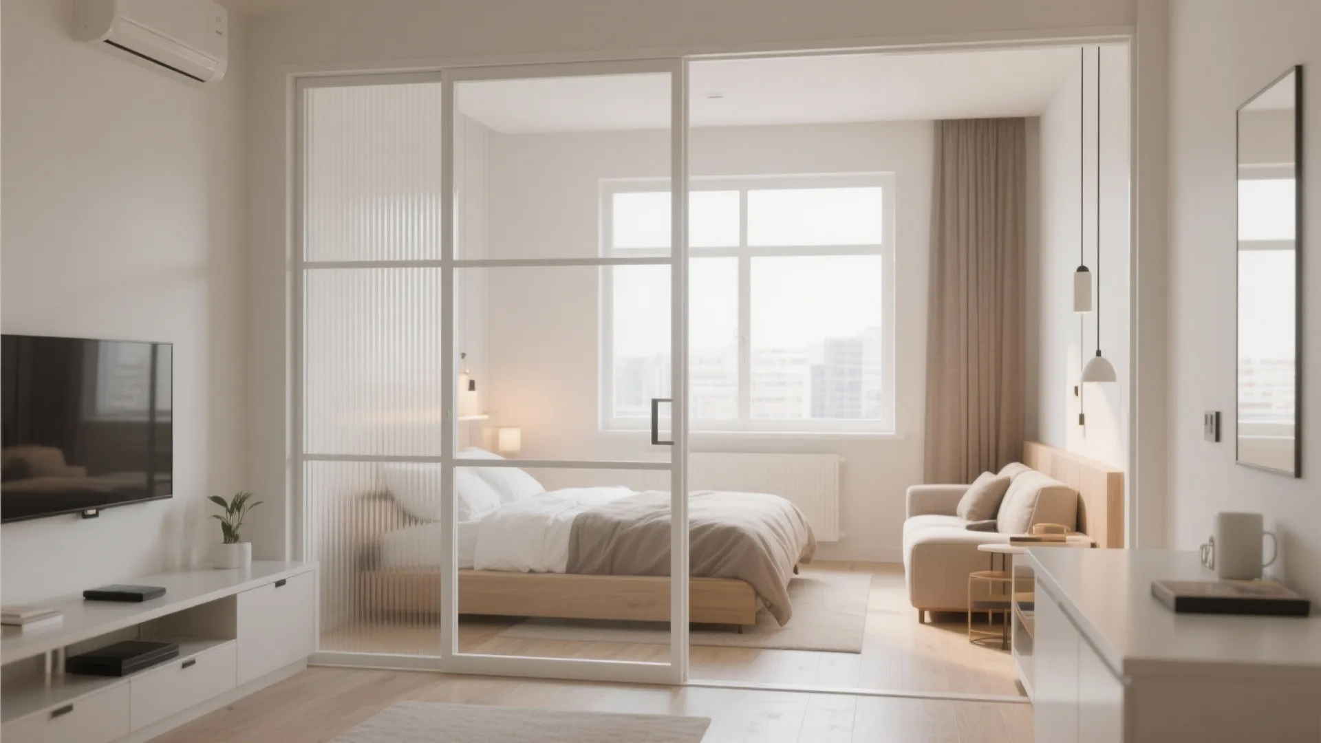 Modern studio apartment layout using a white glass sliding door to separate bedroom and sofa