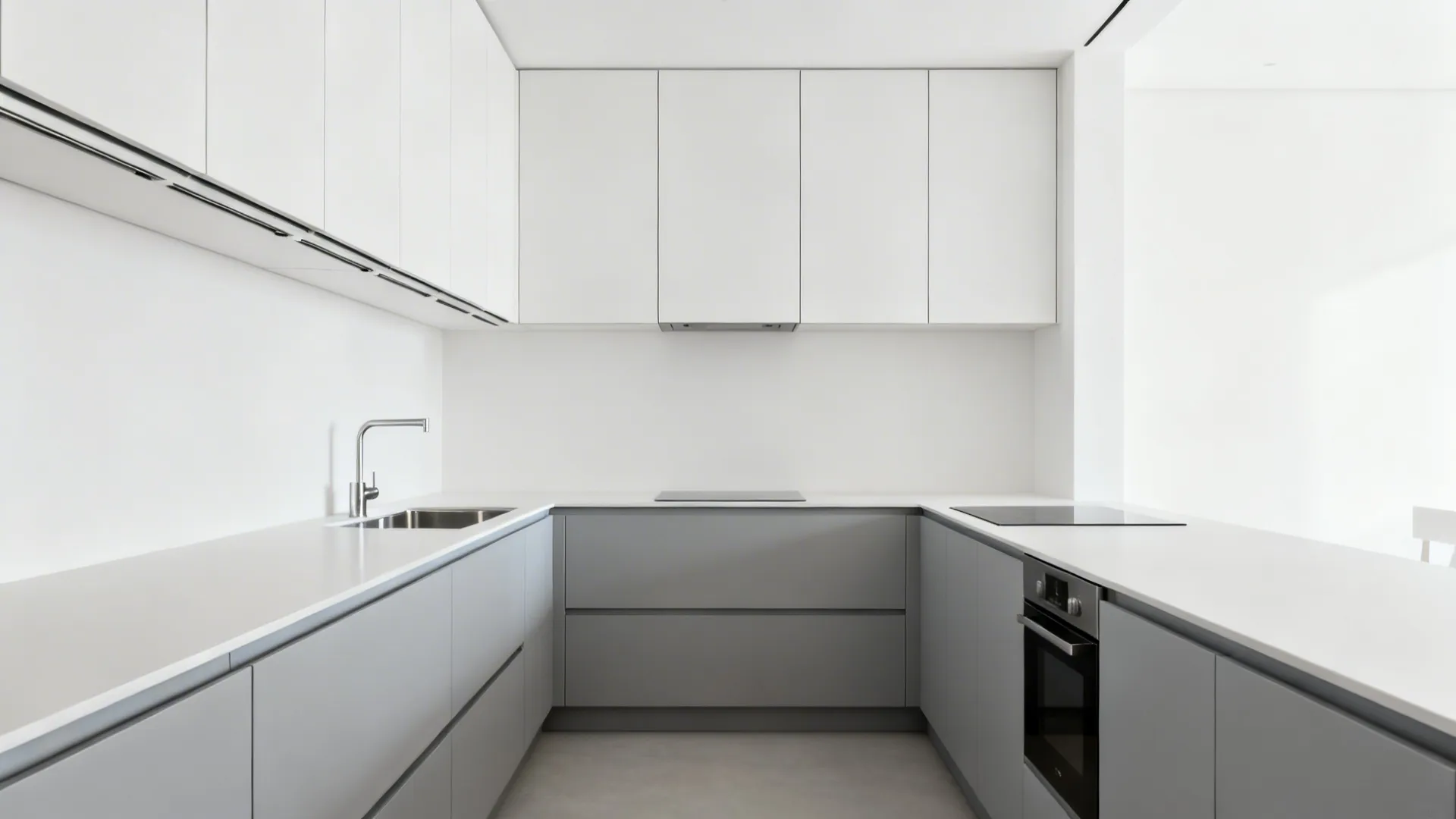 Minimalist galley kitchen with slim-profile, handleless upper cabinets and clean lines.