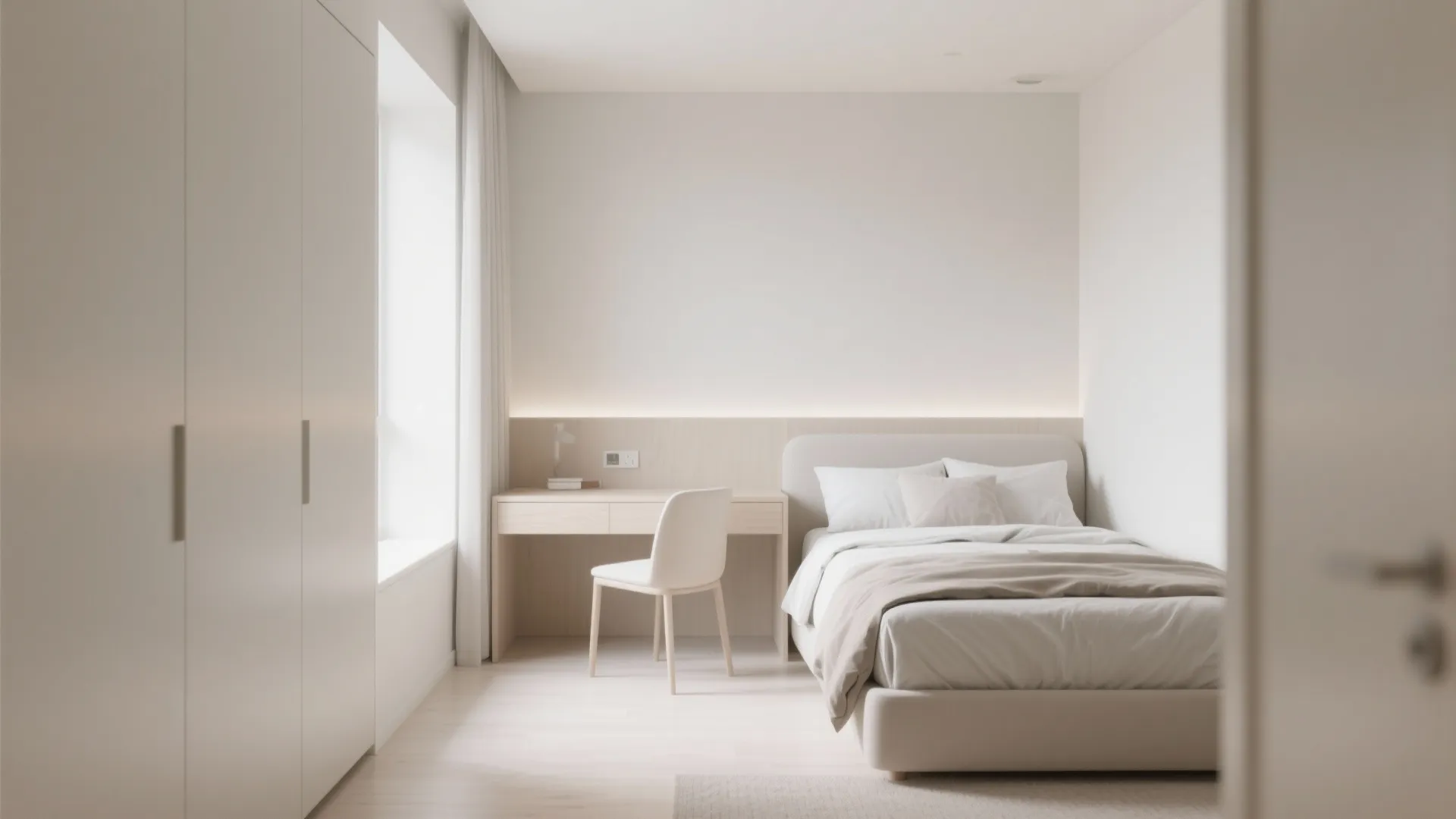 Minimalist small bedroom with light color scheme