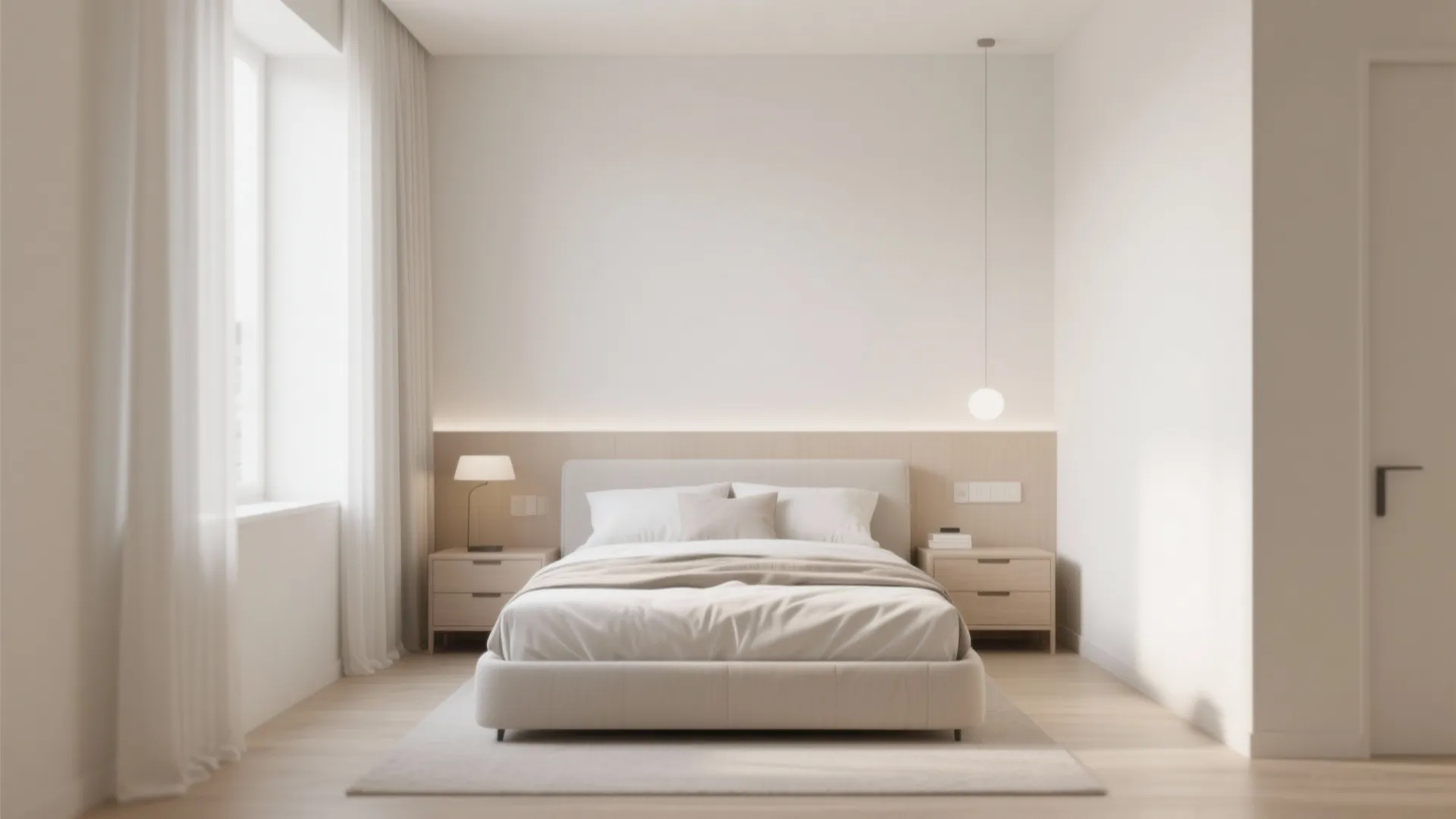 Minimalist white bedroom design with comfortable double bed wood wall panel and hanging light fixture