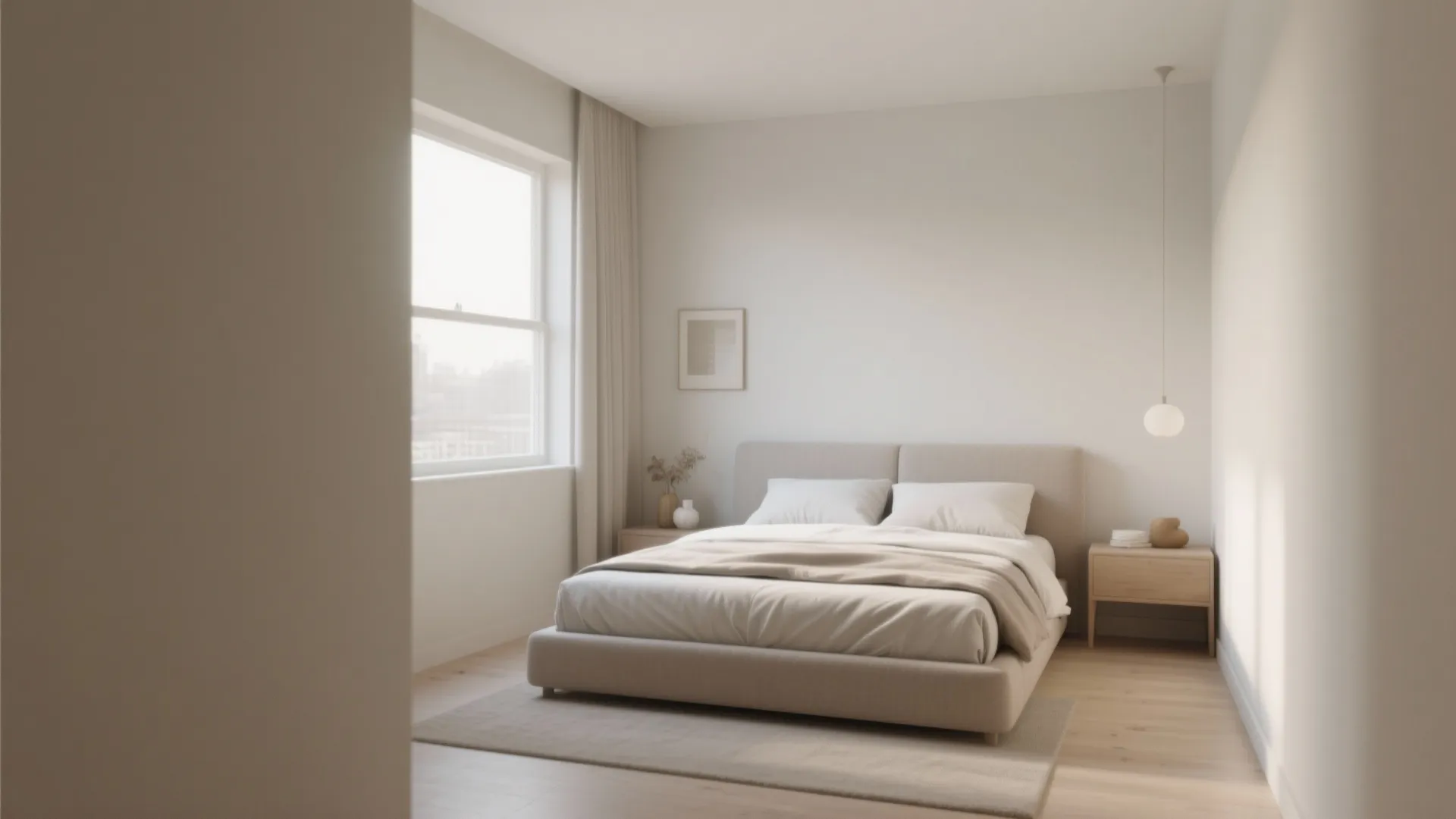 Minimalist beige bedroom with a large window wooden side table and a small hanging light