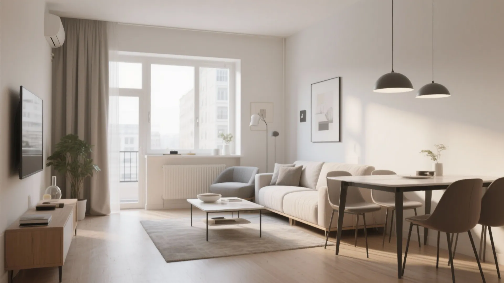 Minimalist small apartment living and dining combo with slim furniture
