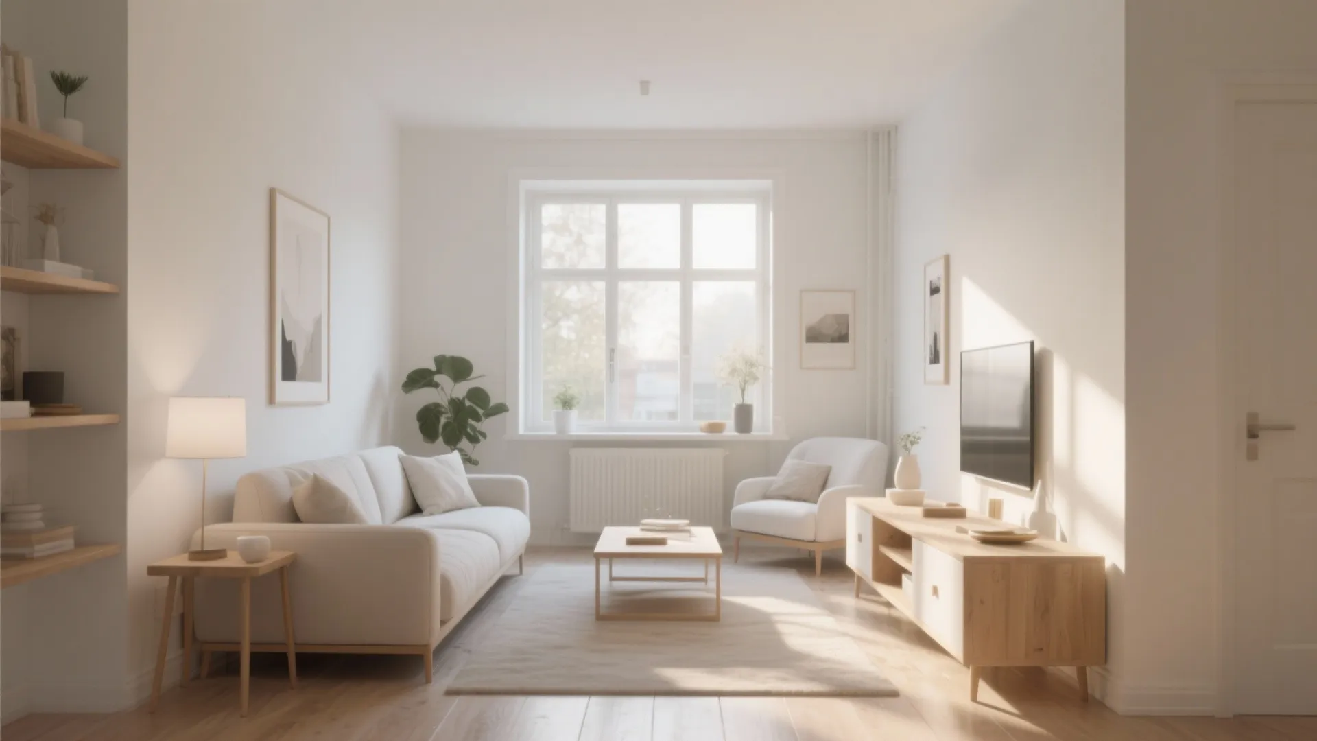 Bright minimalist living room with white sofa wooden coffee table television cabinet and large window view
