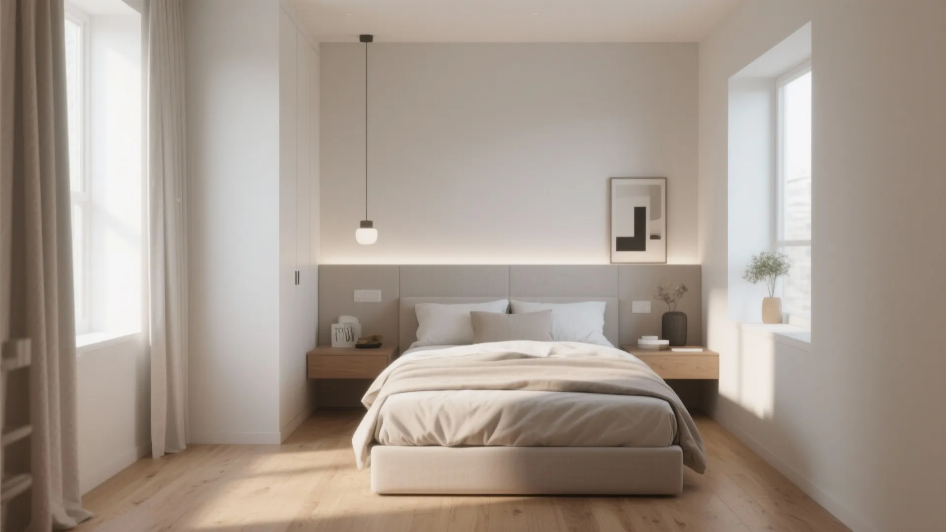 Minimalist bedroom featuring a white bed with wooden floor and a small hanging ceiling light