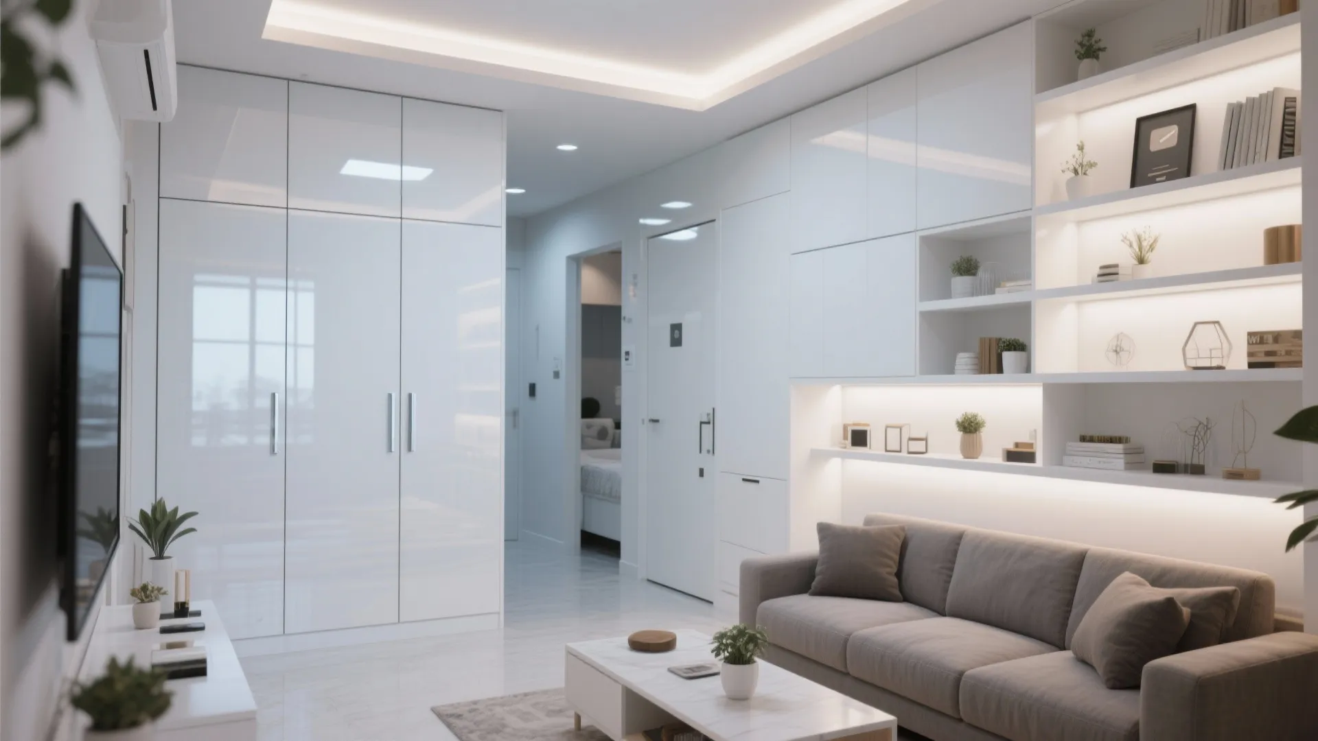 Bright living room with white cabinets grey sofa marble coffee table and hidden storage wall