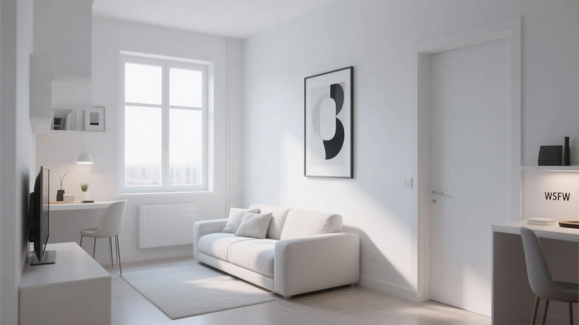 Minimalist white living room with small sofa and desk area under bright natural window light