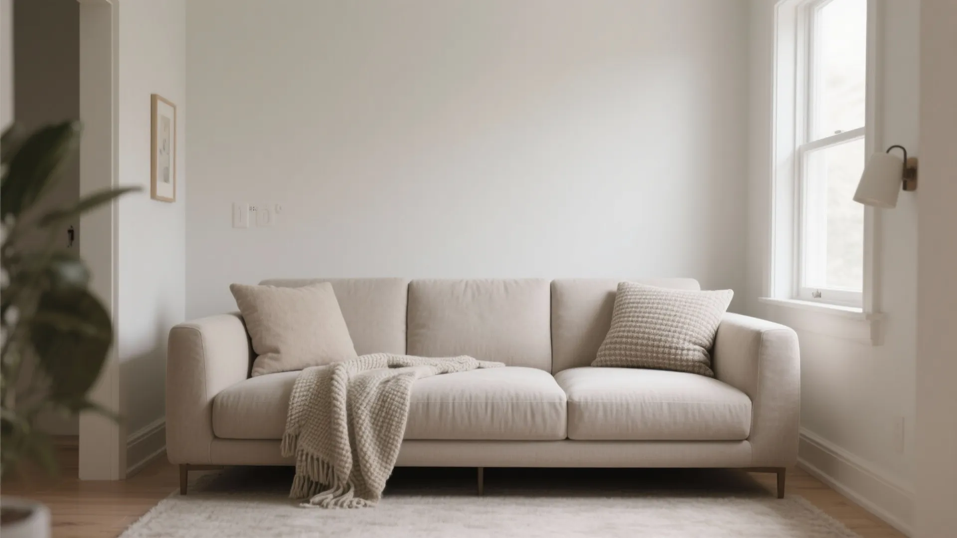 Minimalist beige sofa with textured pillows and a soft blanket in a bright living room