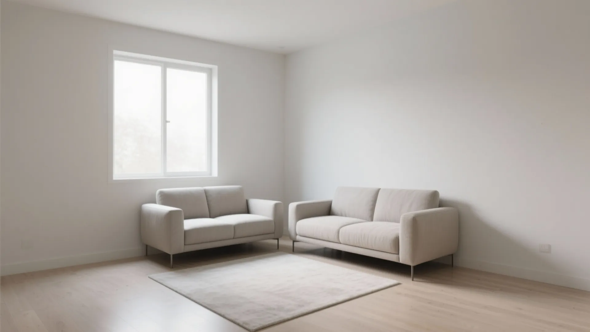 Minimalist living room featuring two beige sofas on wooden floor with white walls and windows