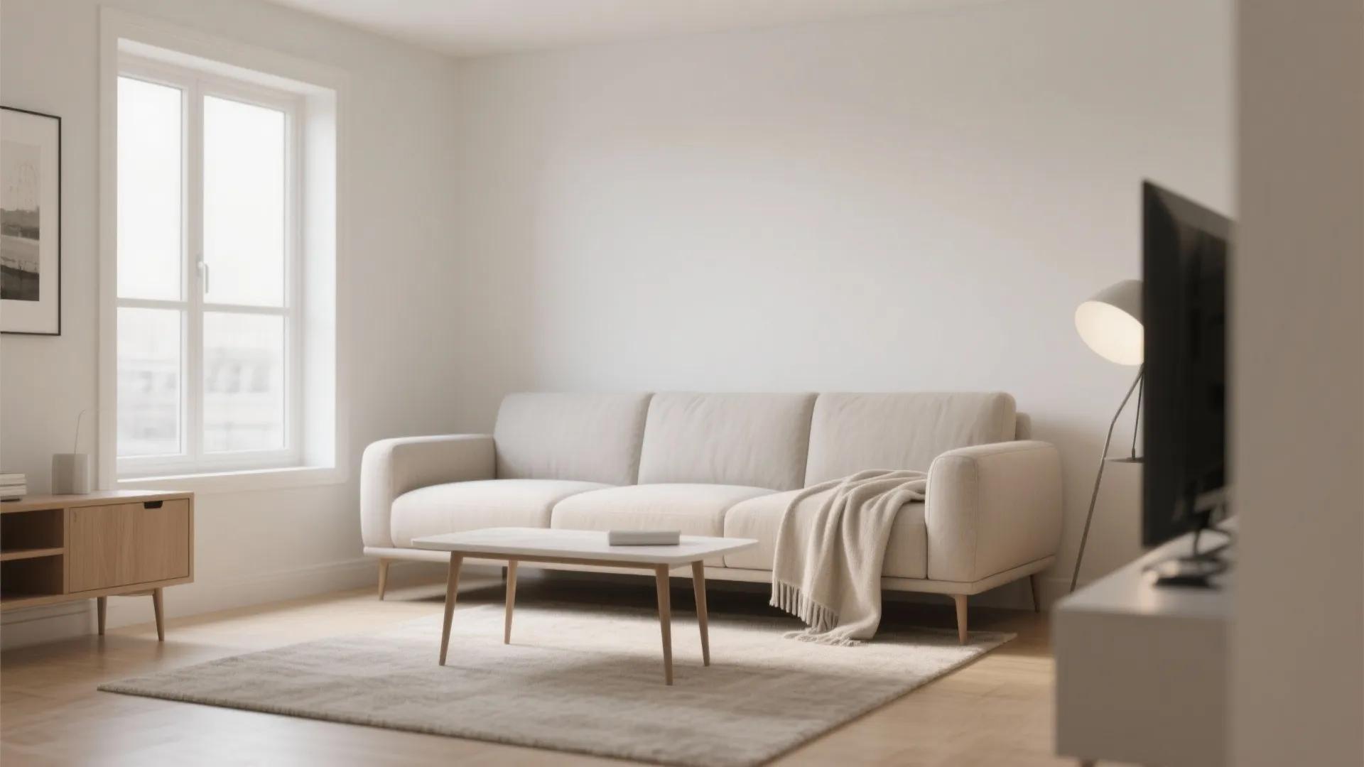 Minimalist living room with beige sofa coffee table grey rug floor lamp and white walls