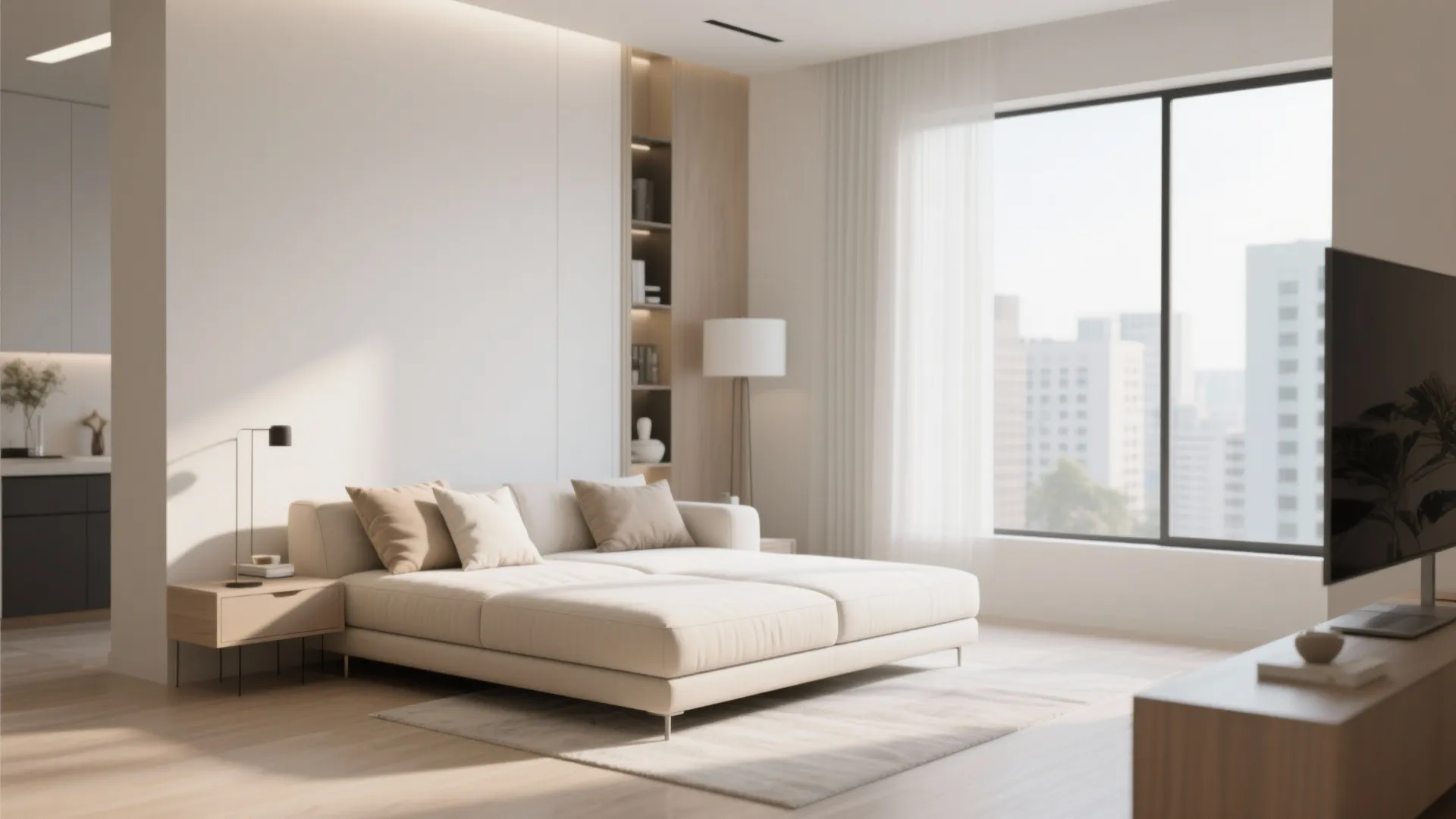 Minimalist living room with a sleek beige sofa bed and soft daylight