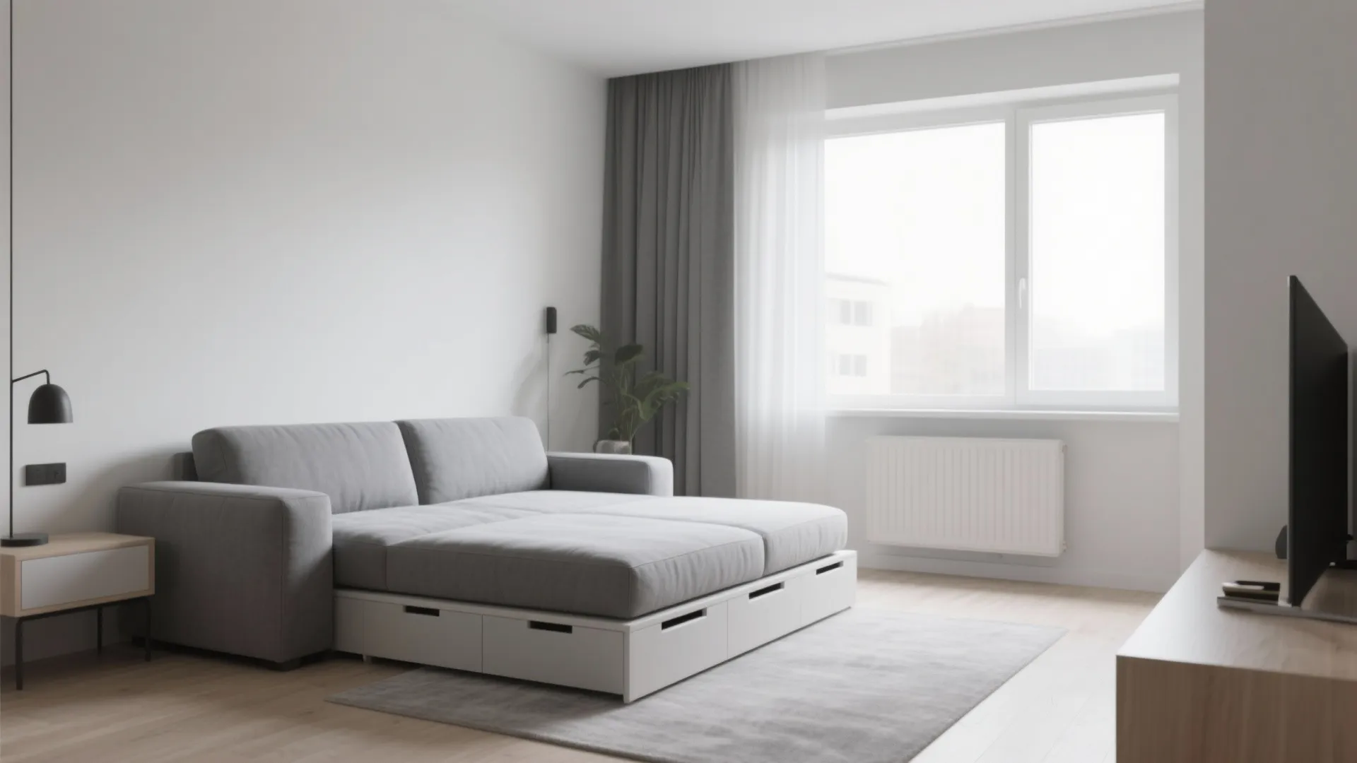 Modern grey sofa bed with white storage drawers placed on a grey rug near large windows