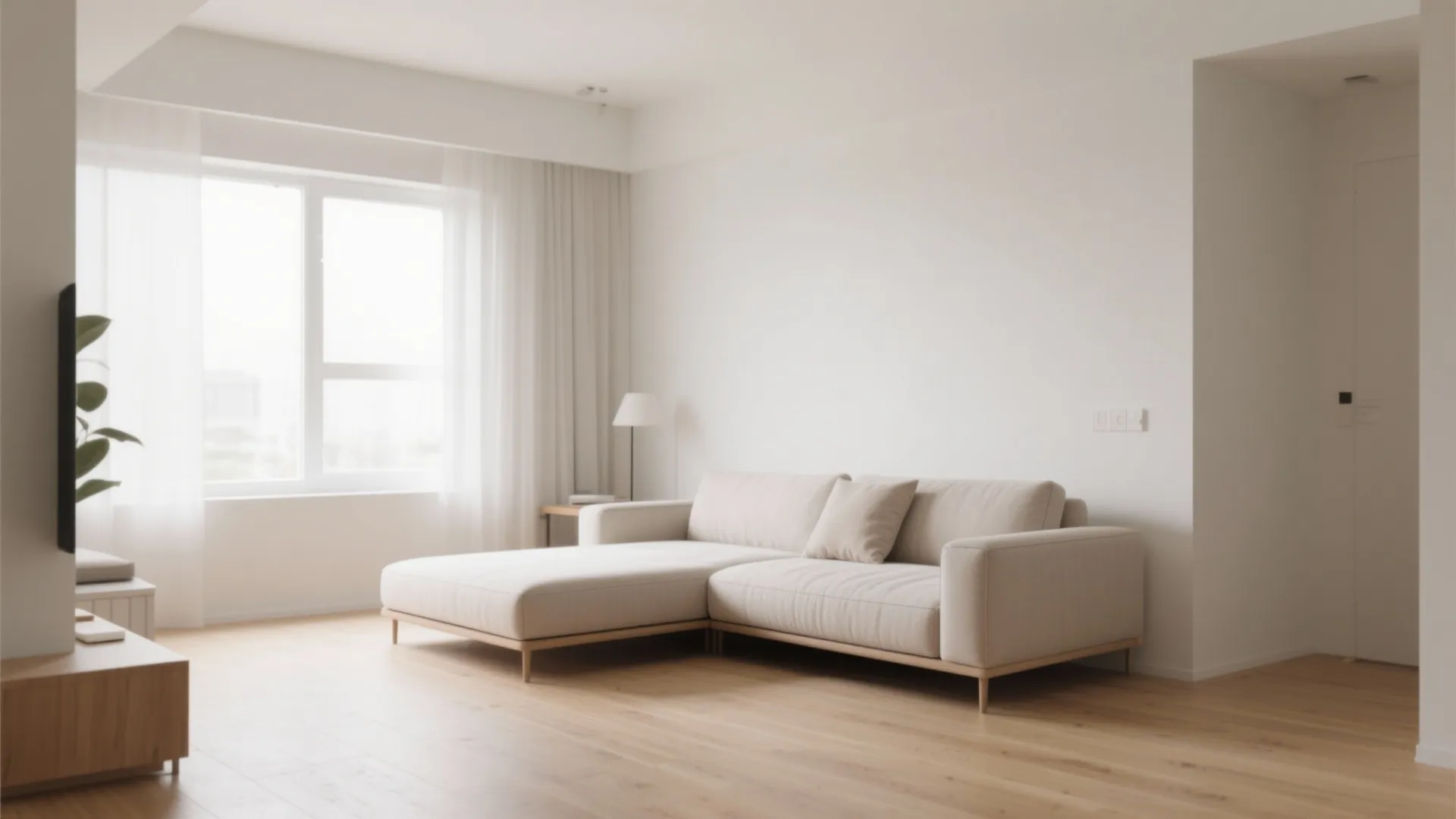 Minimalist living room with sleek sofa bed in a bright space