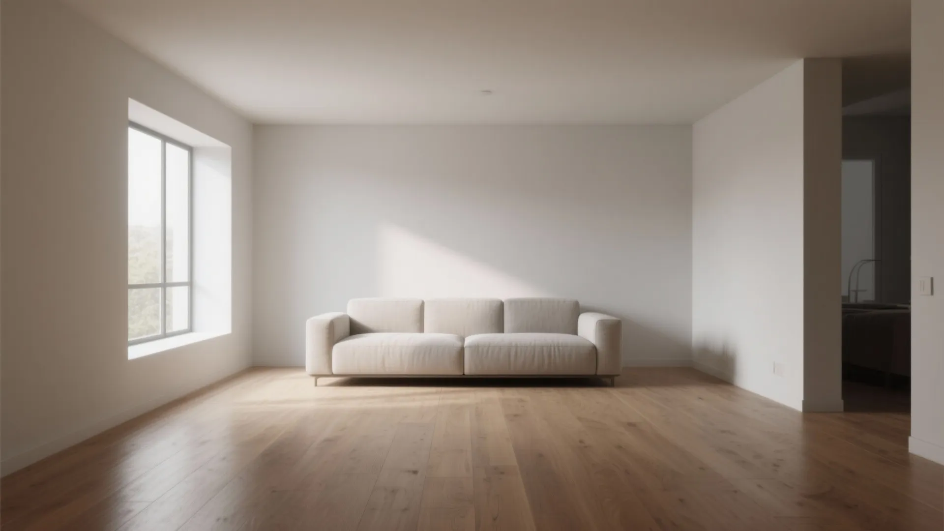 Minimalist living room with white sofa on wood floor near large window with natural light