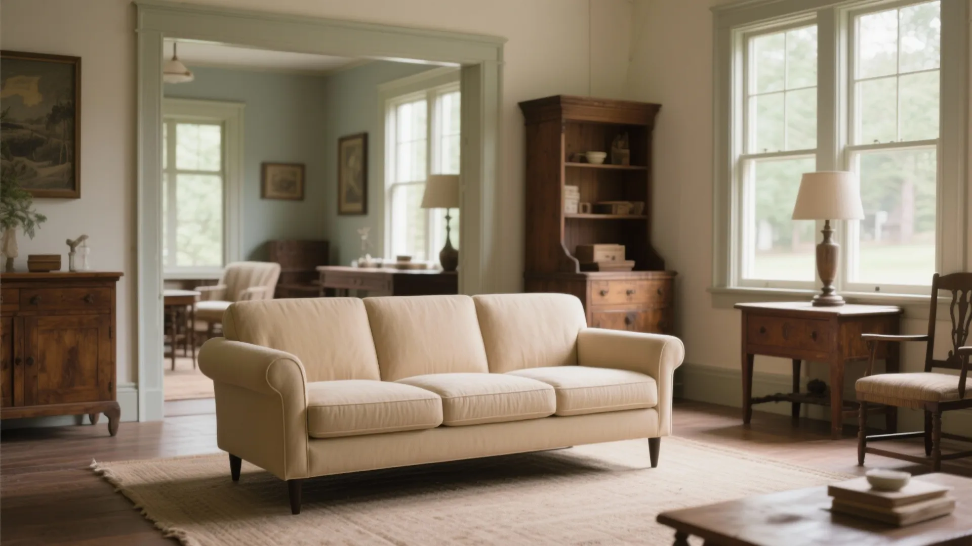 Cream sofa in a traditional living room with dark wooden furniture, rug, and bright windows