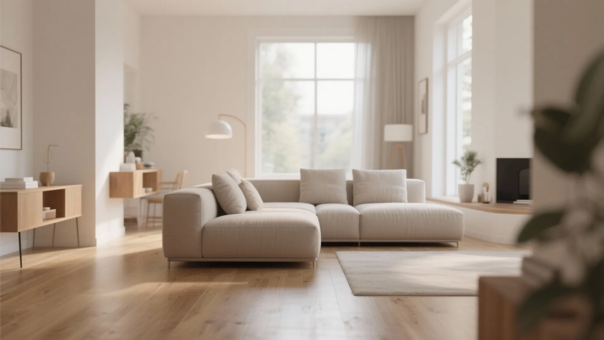 Minimalist living room featuring large beige sofa wooden floors white walls and bright natural light