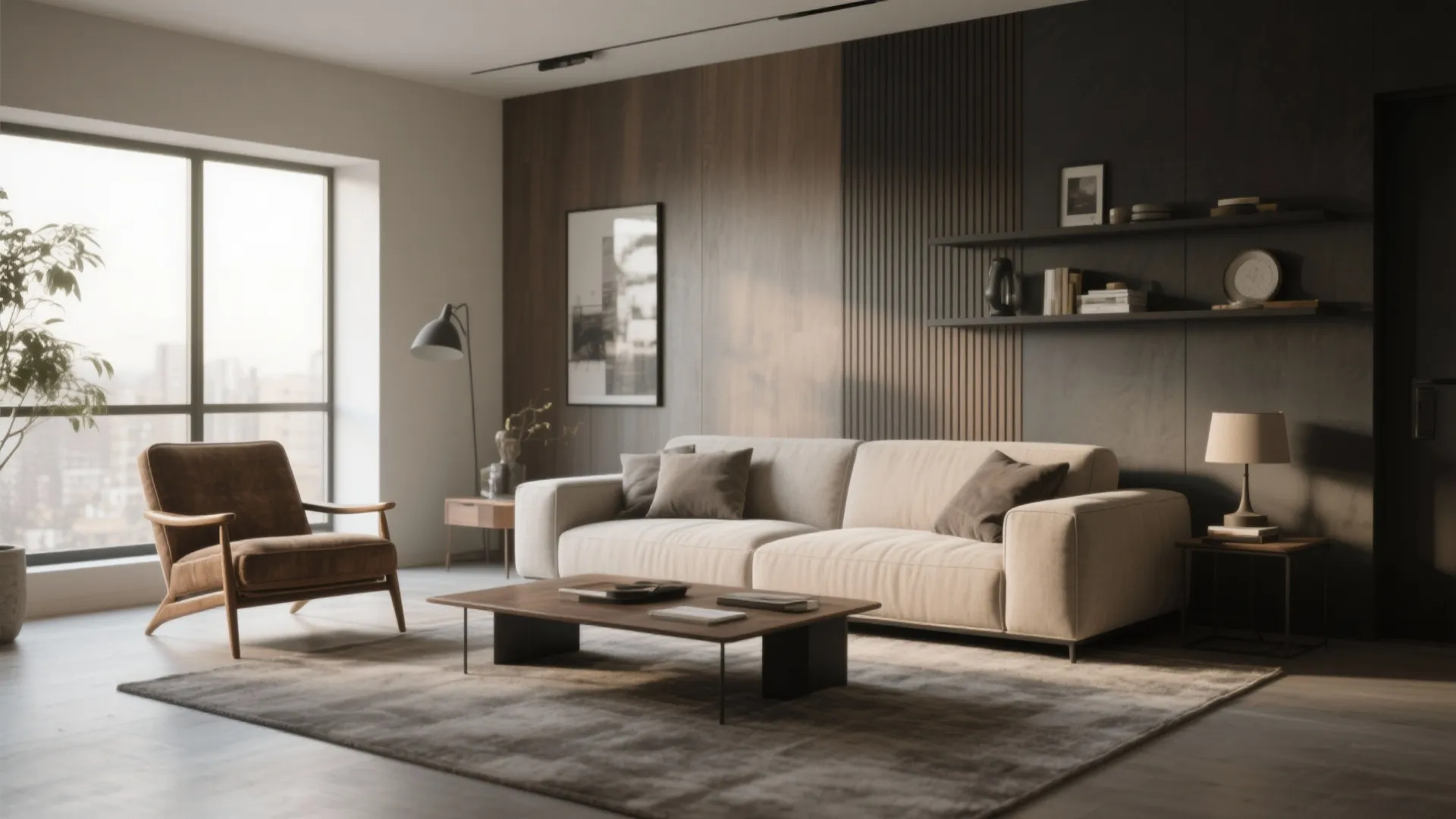 Modern living room with beige sofa brown armchair wooden coffee table large window and rug