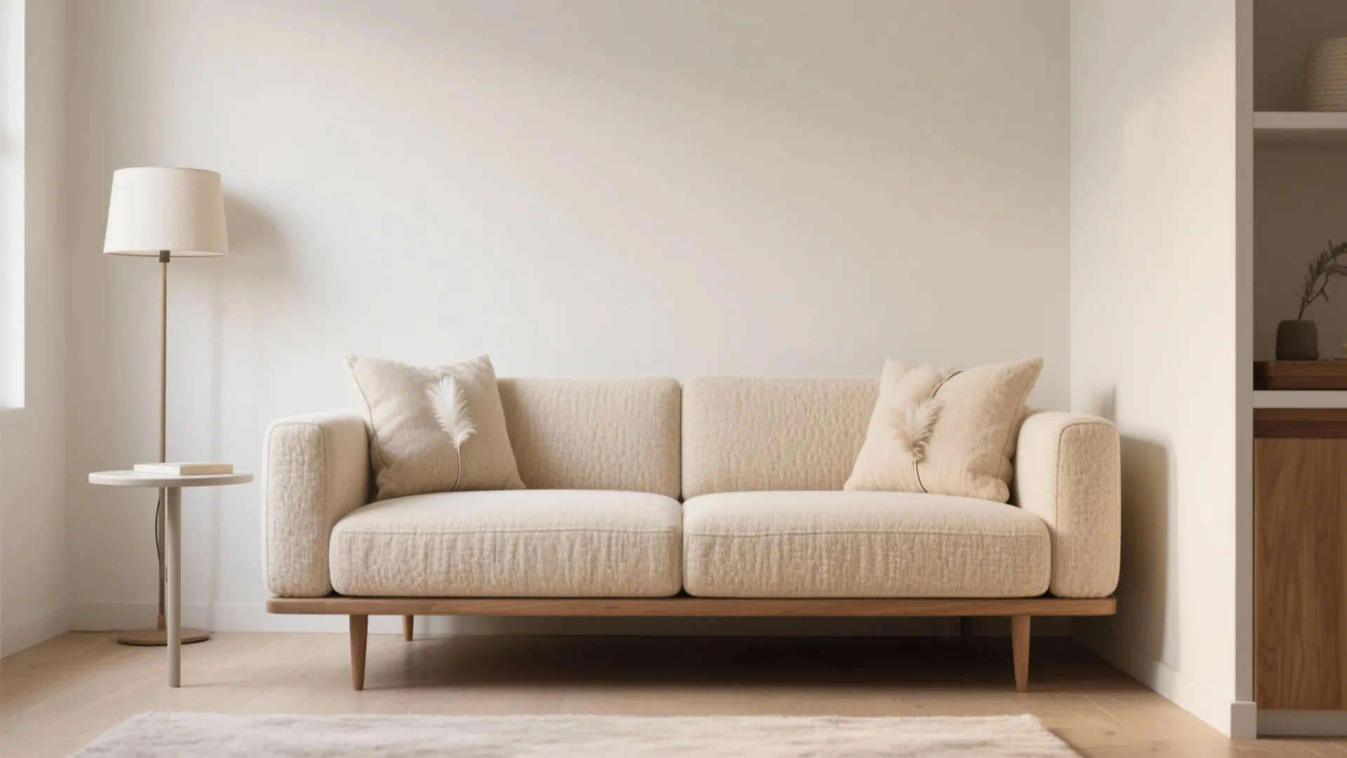 Minimalist beige sofa with two pillows next to a tall floor lamp on wooden floor