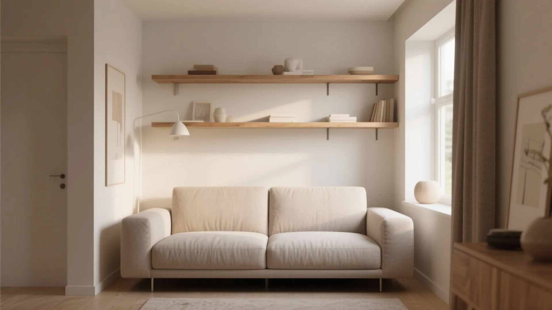 Minimalist beige sofa placed under wooden wall shelves in a sunlit room with white walls and rug