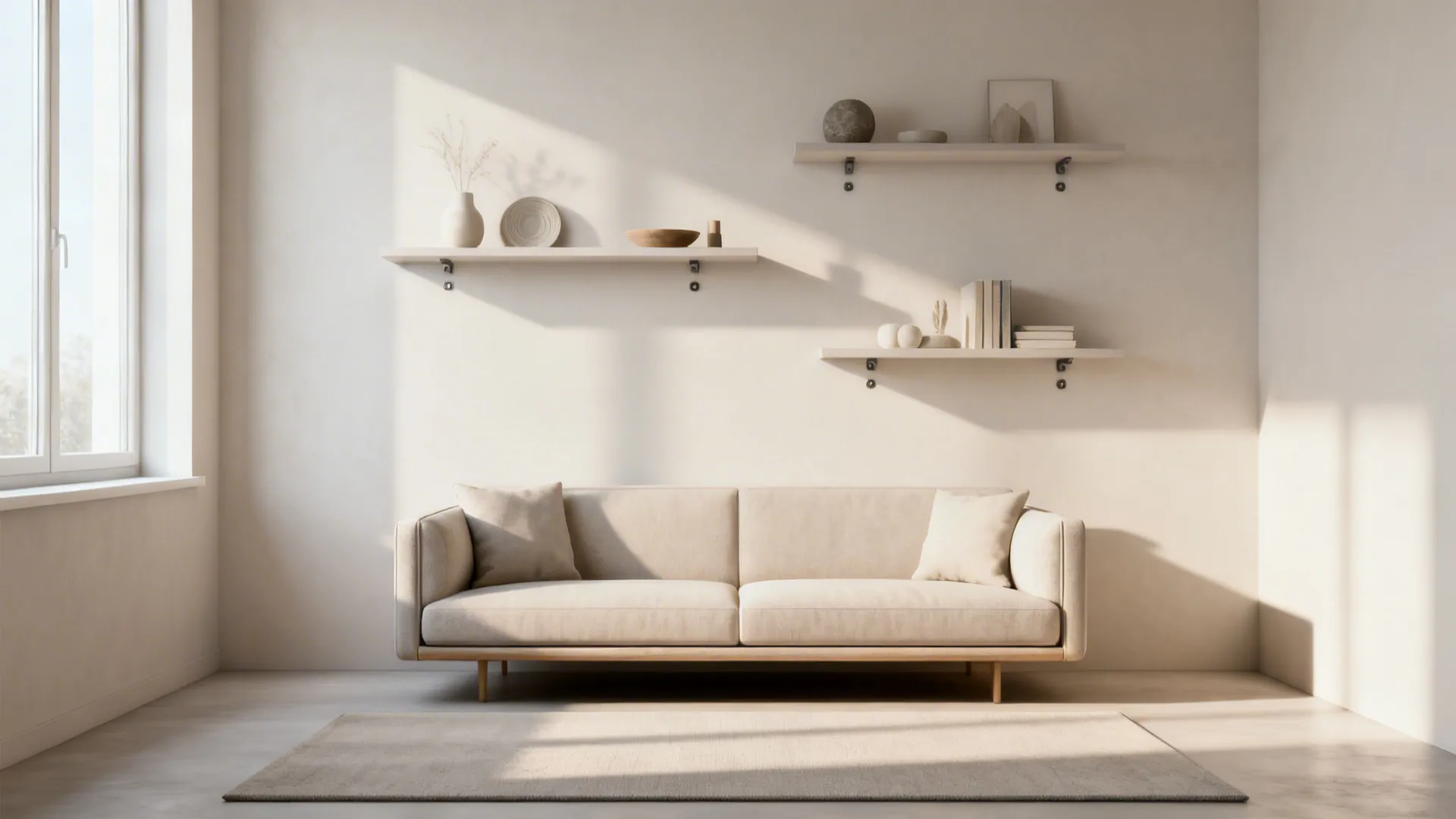 Minimalist low-profile sofa paired with floating shelves to free floor space and create an airy feel.