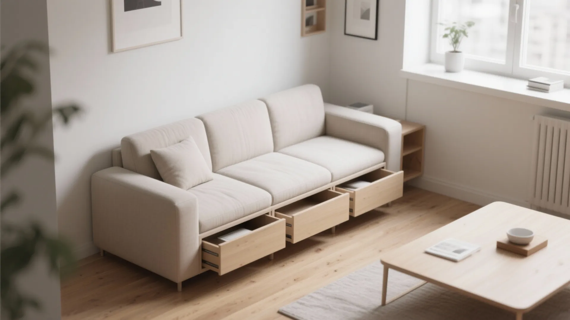 Modern beige sofa with three wooden storage drawers underneath in a bright living room setting