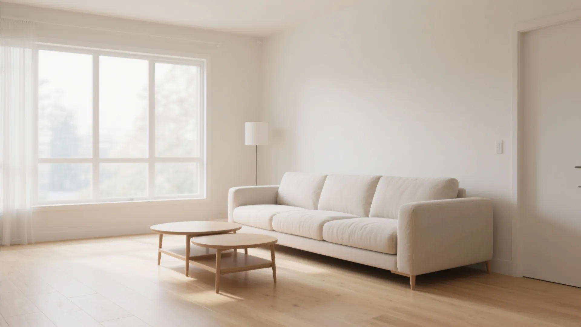 Minimalist living room with beige sofa, two wooden coffee tables, floor lamp, and bright windows