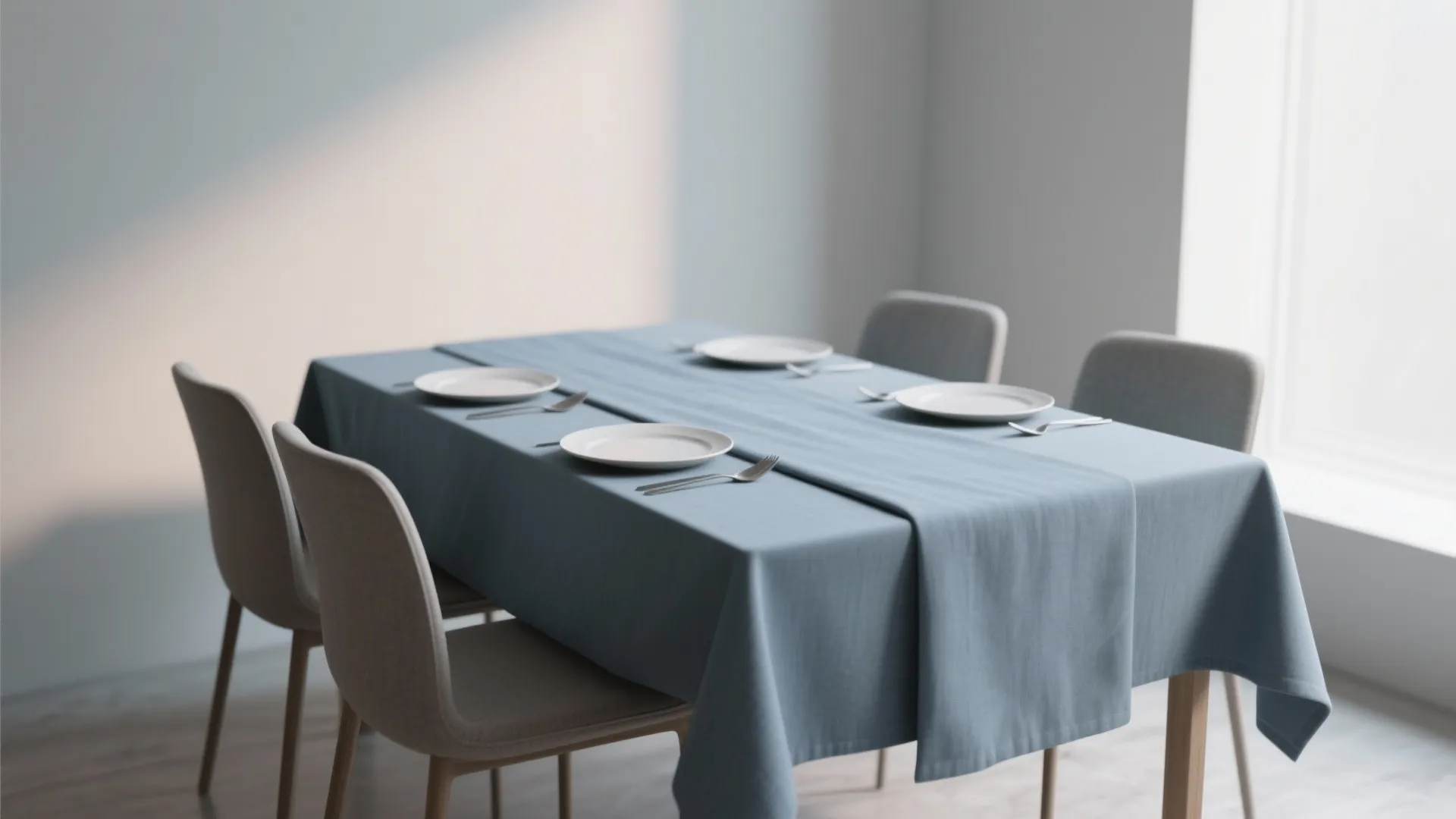 Minimalist dining room with blue tablecloth on table plus four grey chairs and white plates
