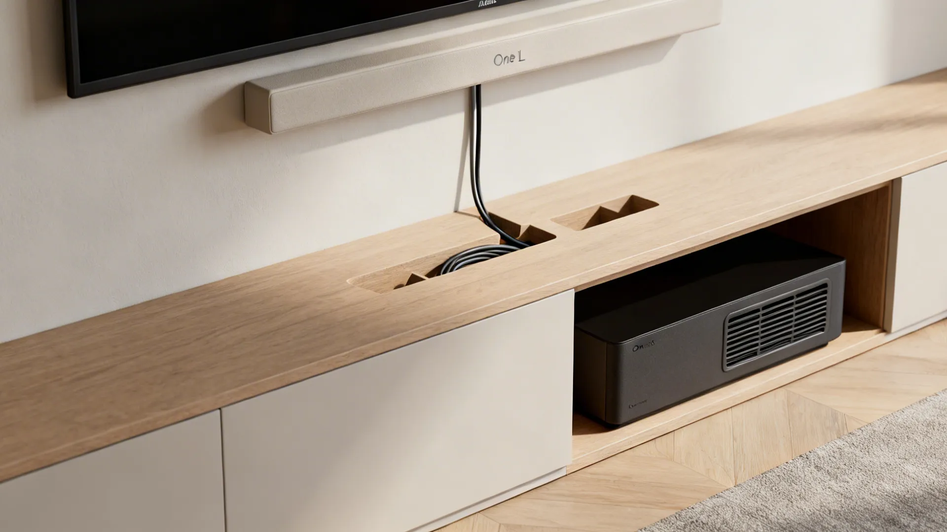 Detail of minimalist console cutouts and hidden Sub venting with wall-mounted Sonos One SL.