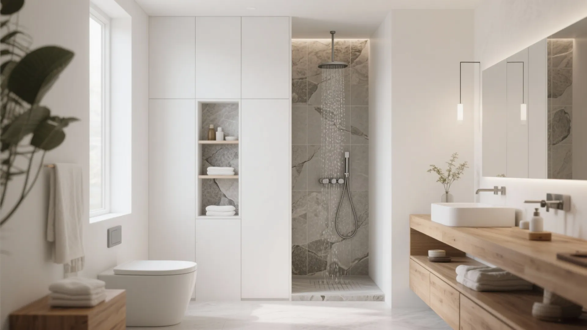 Minimalist white bathroom with stone shower wall wooden cabinet white toilet and large wall mirror